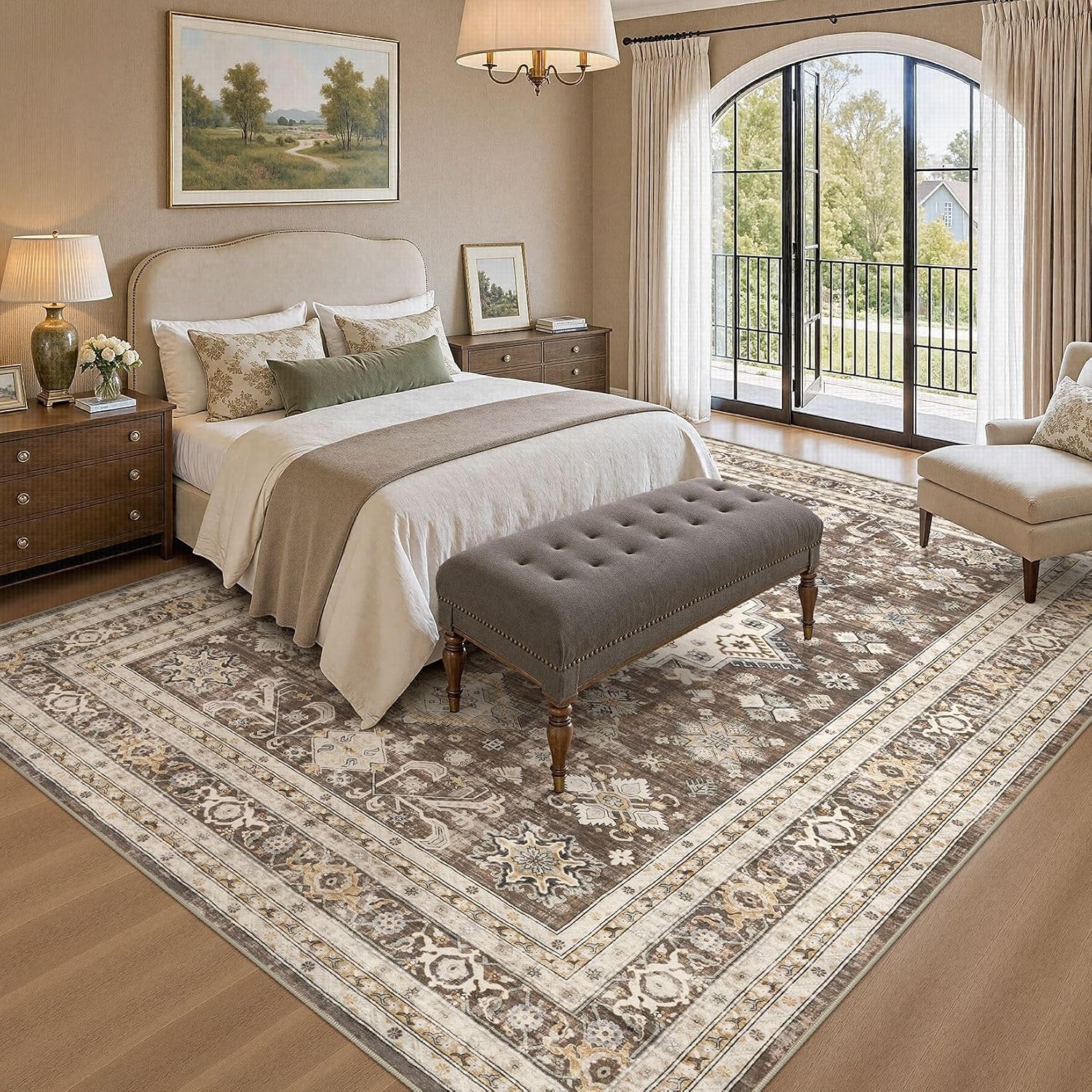 Thumbnail 6 de Vintage Living Room Area Rug 9x12 in Dark Brown (Traditional, Washable) for Bedroom, Office & More