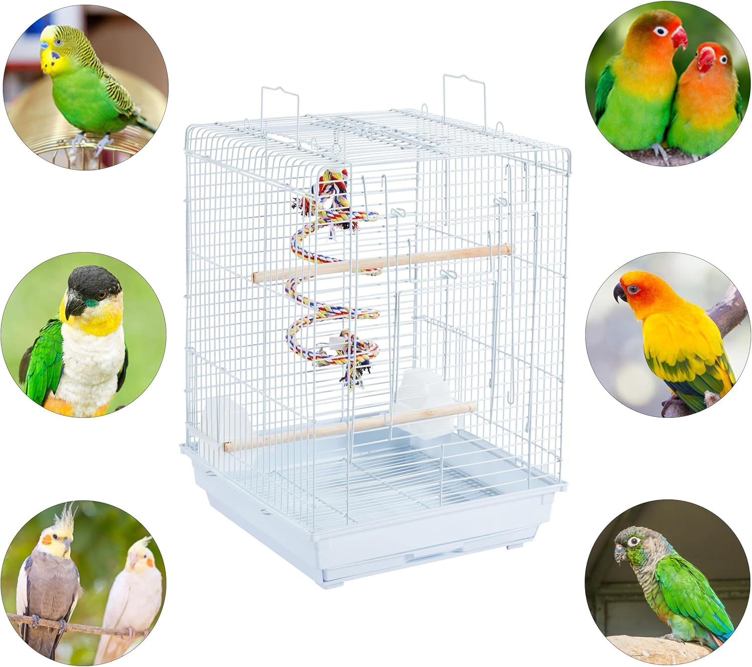 Detalle de Yaheetech metal open-top small parrot cage with removable tray – white (open-top travel cage for finches, canaries & more)