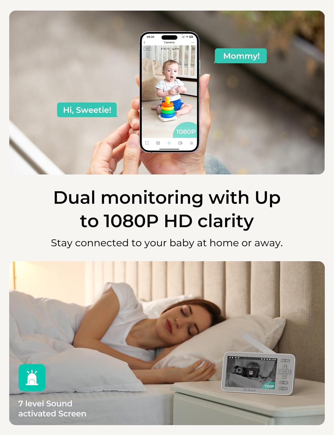 Detalle 2 de Dr.Care VistaView Lite Smart WiFi Baby Monitor with 2 Cameras (4” 720P Split Screen, 1080P App Control)