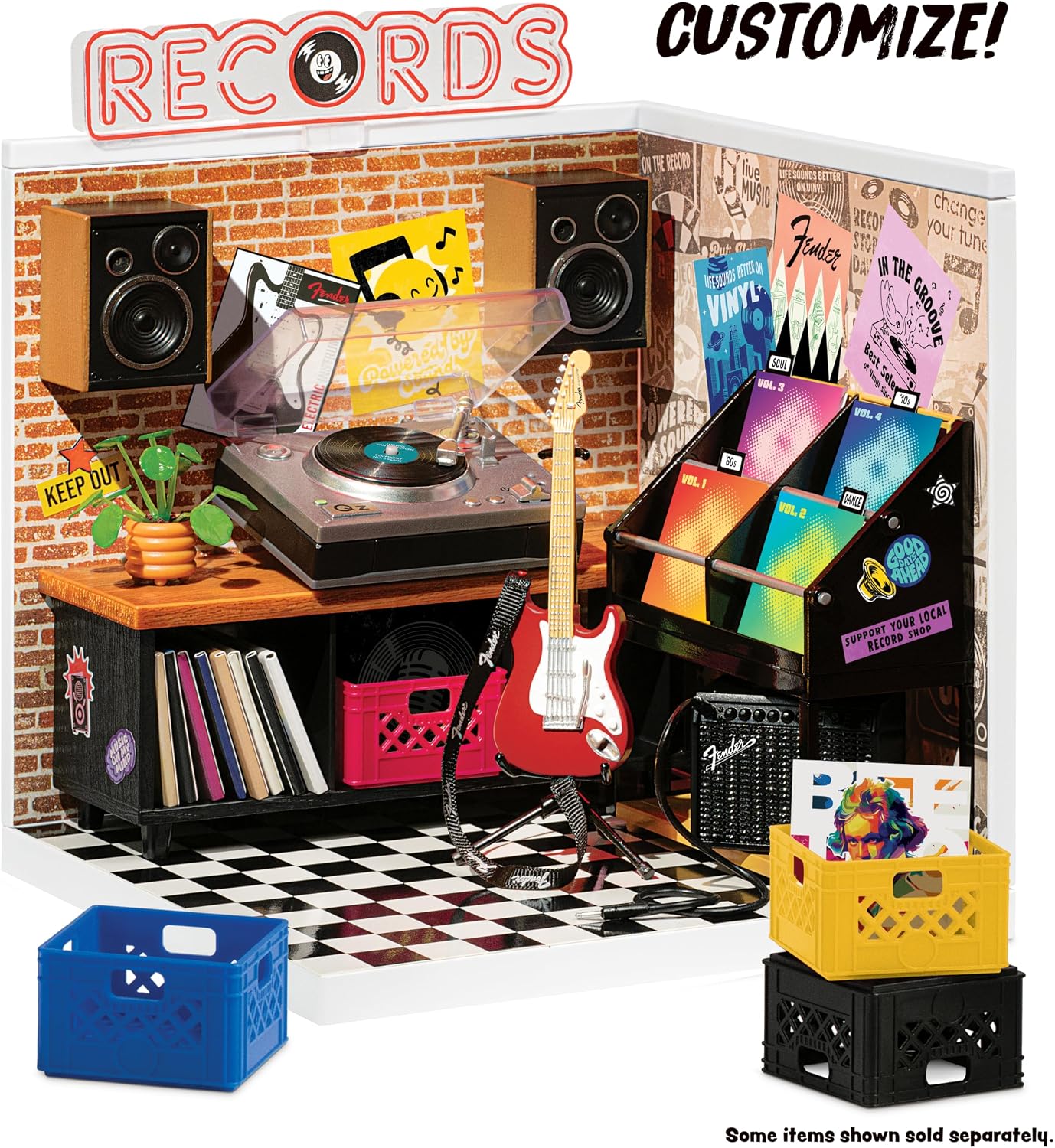 Detalle de MGA's Miniverse Real Music Record Shop Set with Fender Guitar and 30+ Pieces