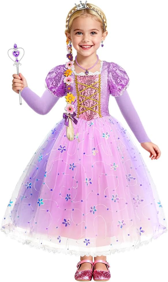 Detalle de AOOWU Prinzessin Kleid für Mädchen „Rapunzel“ (lila) inkl. Krone, Perücke & Zauberstab – Karneval, Halloween, Geburtstag