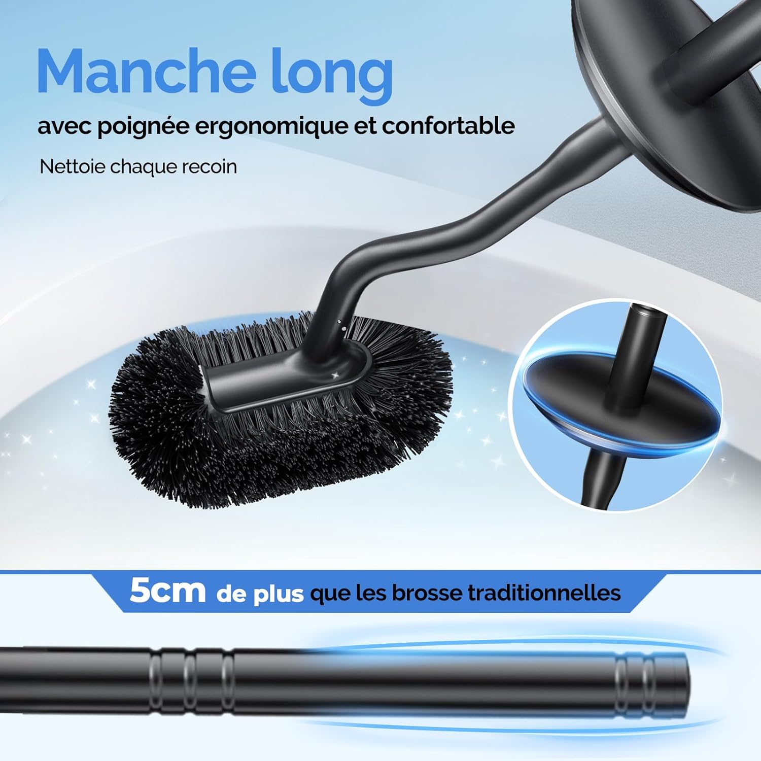 Thumbnail 4 de HAMITOR Edelstahl WC-Bürste-Set mit Wandmontage (ohne Bohren) – lange Griffstange, Schnell trocknender Halter