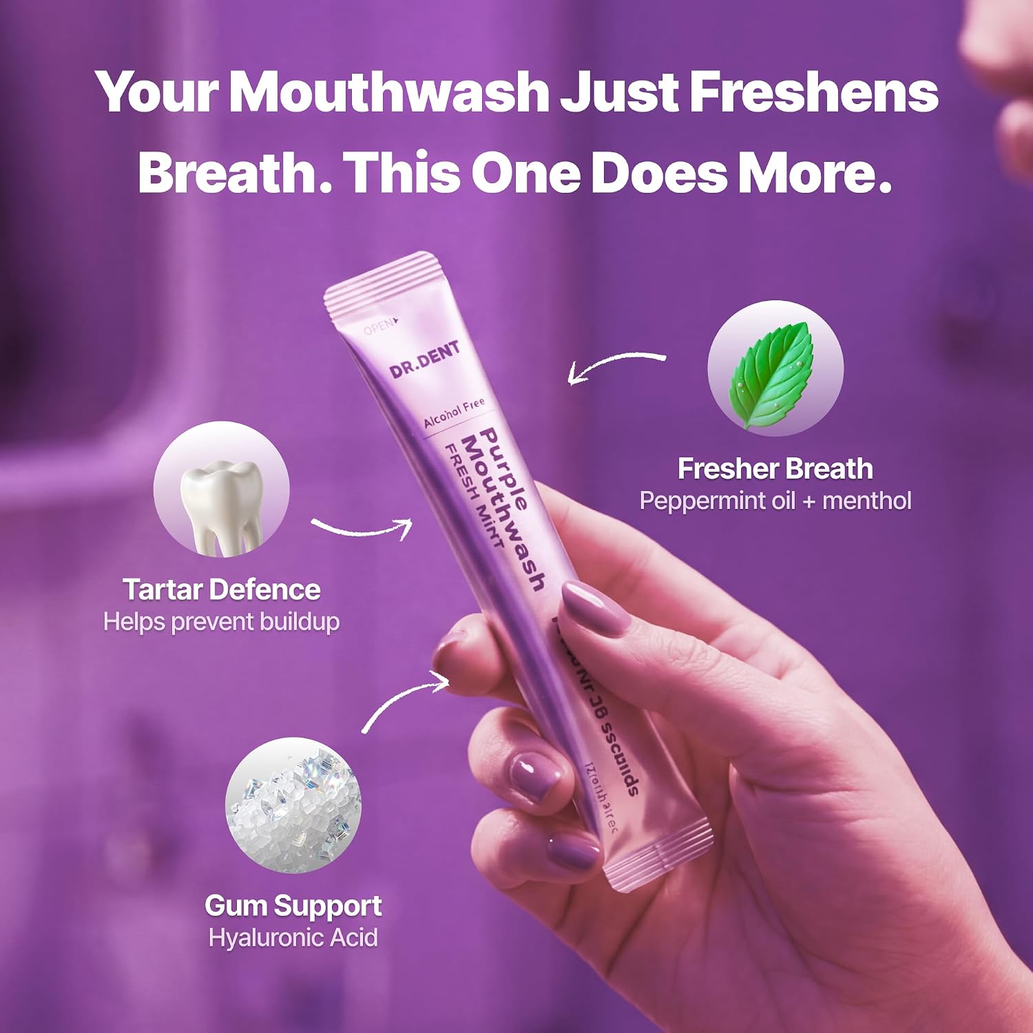 Detalle de DR.DENT Purple Mouthwash for Teeth Whitening – Color Correcting, Peroxide-Free, 20 Sachets