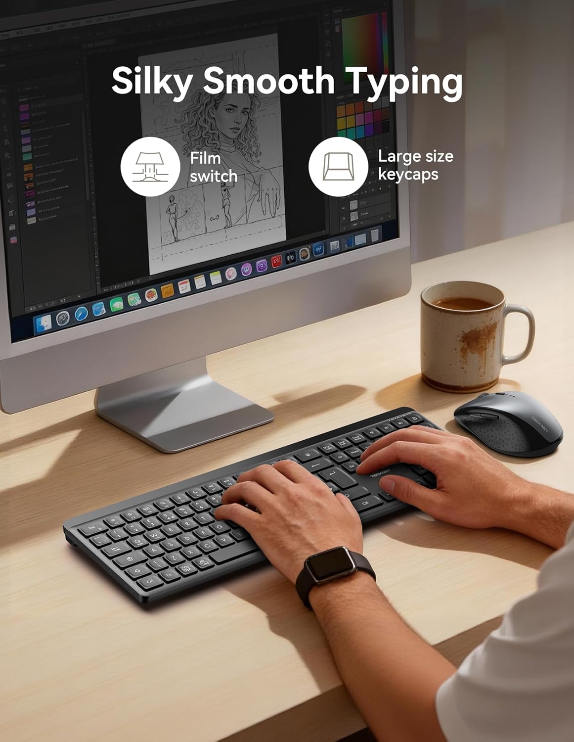 Thumbnail 6 de TECKNET Silent Wireless Keyboard: UK layout, multi‑device connect (2.4GHz + Bluetooth) with ergonomic design