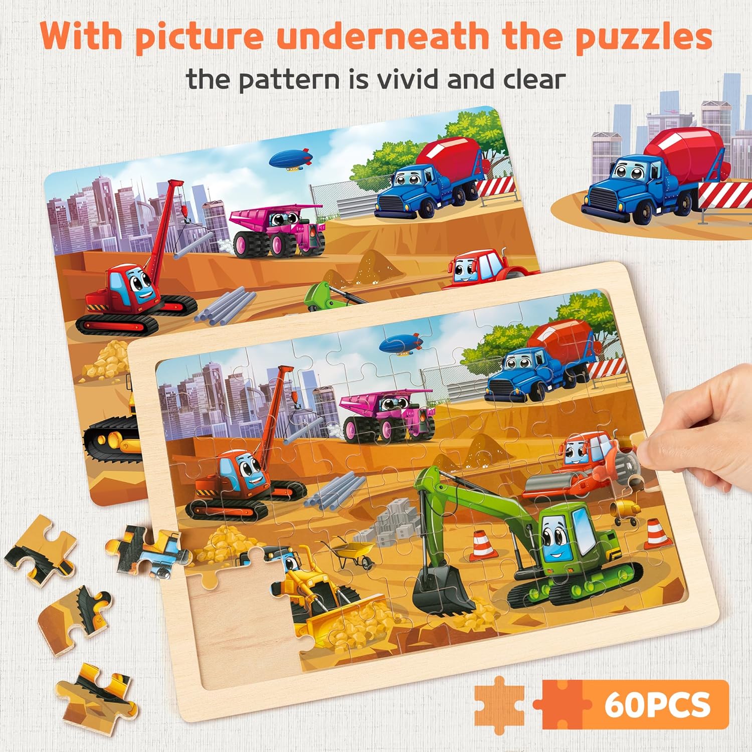 Detalle de SYNARRY Wooden Vehicle Puzzles for Kids – 6 Packs of 60 Pieces