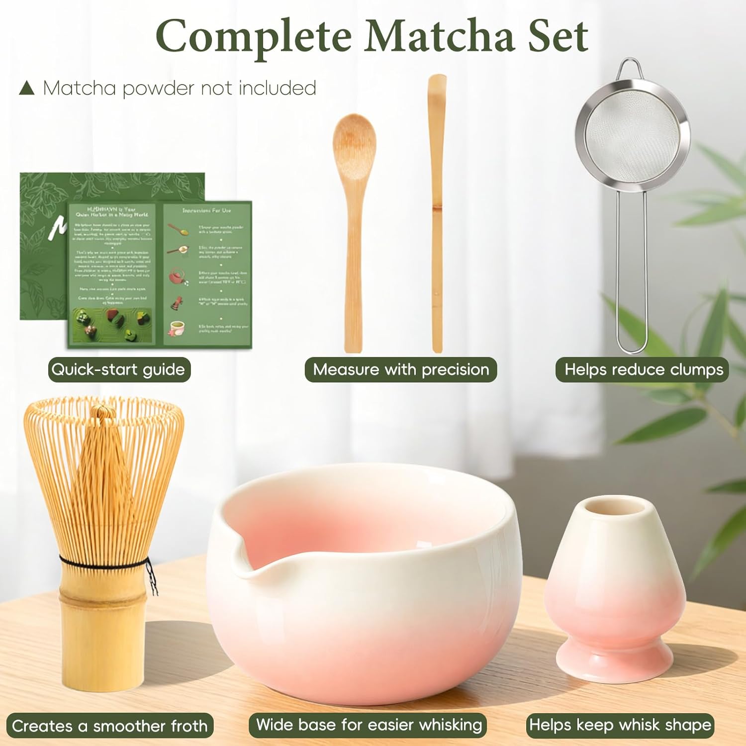 Thumbnail 1 de HUSHHAVN Matcha Whisk Set (Ceramic Bowl, Bamboo Chasen, Sifter & Tools) – 6-Piece Pink Matcha Kit