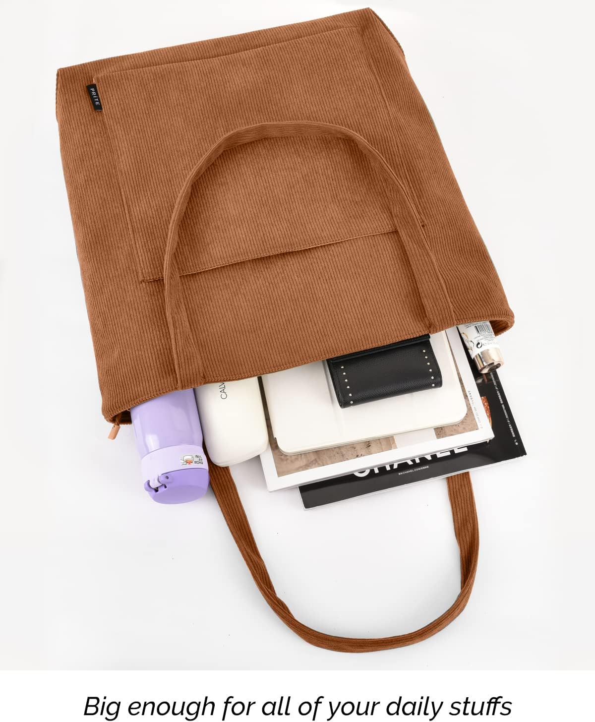 Thumbnail 5 de Prite Corduroy Tote Bag for Women – Large Brown 2 with Zippered Main Compartment and Multiple Pockets