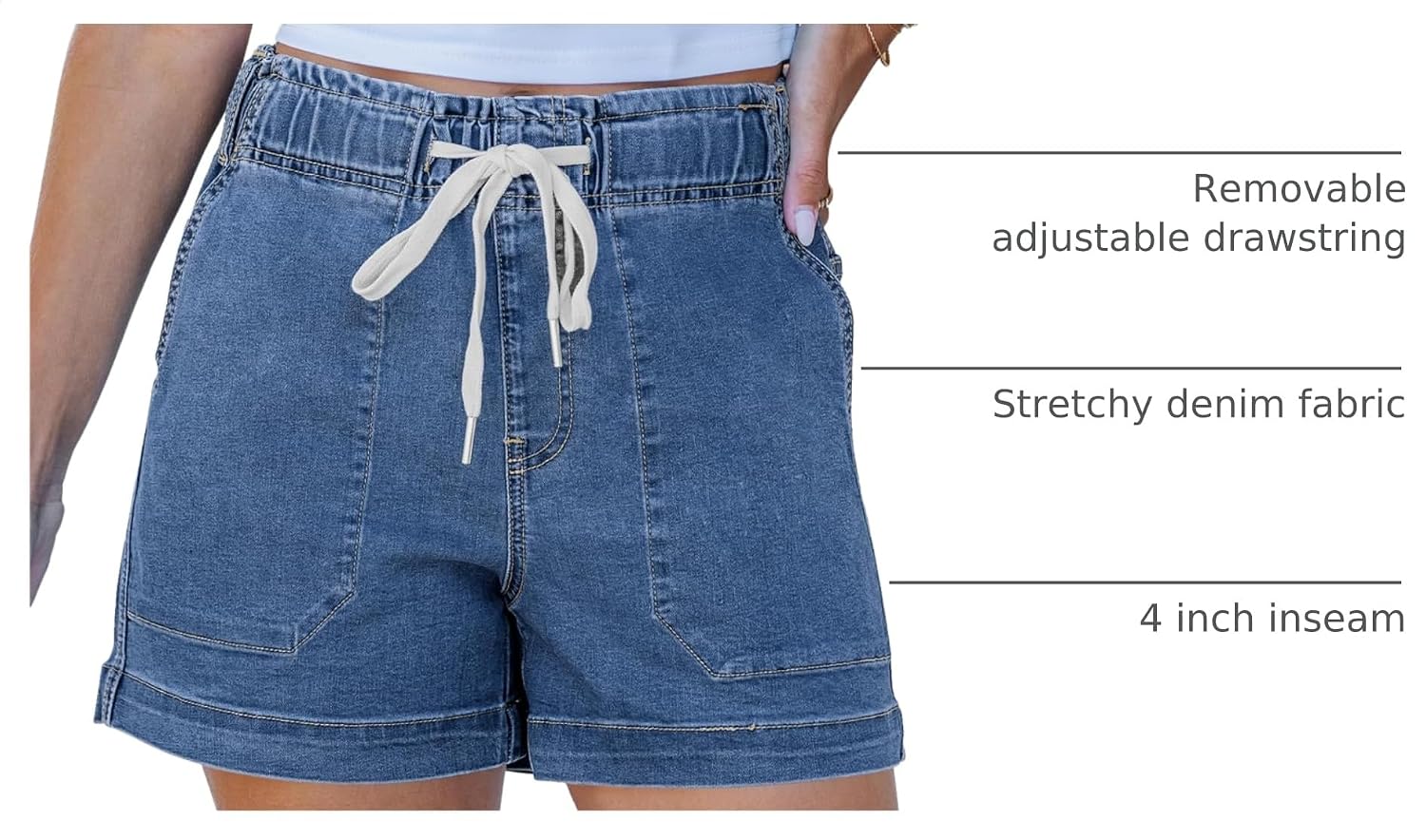 Detalle 2 de luvamia Women's High-Wwaisted Stretch Denim Shorts with Drawstring – 4-Inch Inseam