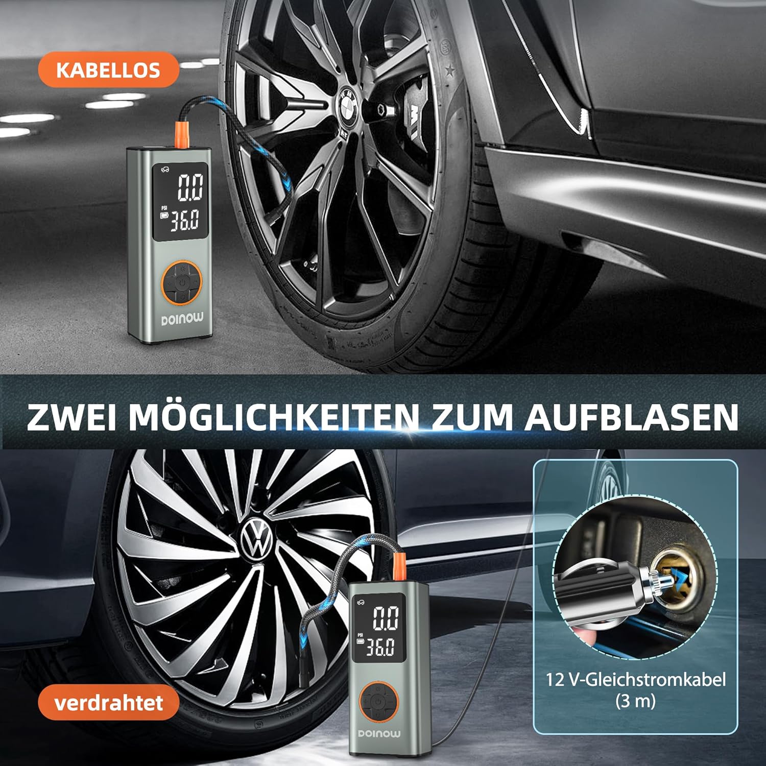 Detalle de DOINOW Kabellose Fahrradpumpe Elektrisch – 150 PSI, 4 voreingestellte Modi, LED-Licht, USB-C Powerbank
