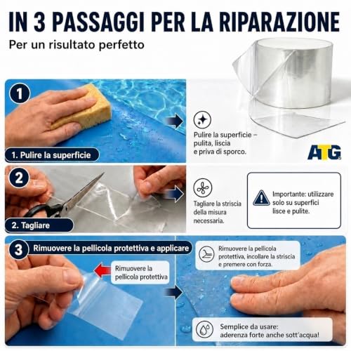 Detalle de ATG Ripara piscina sott’acqua – nastro sigillante trasparente 10×150 cm, sigilla perdite senza svuotare