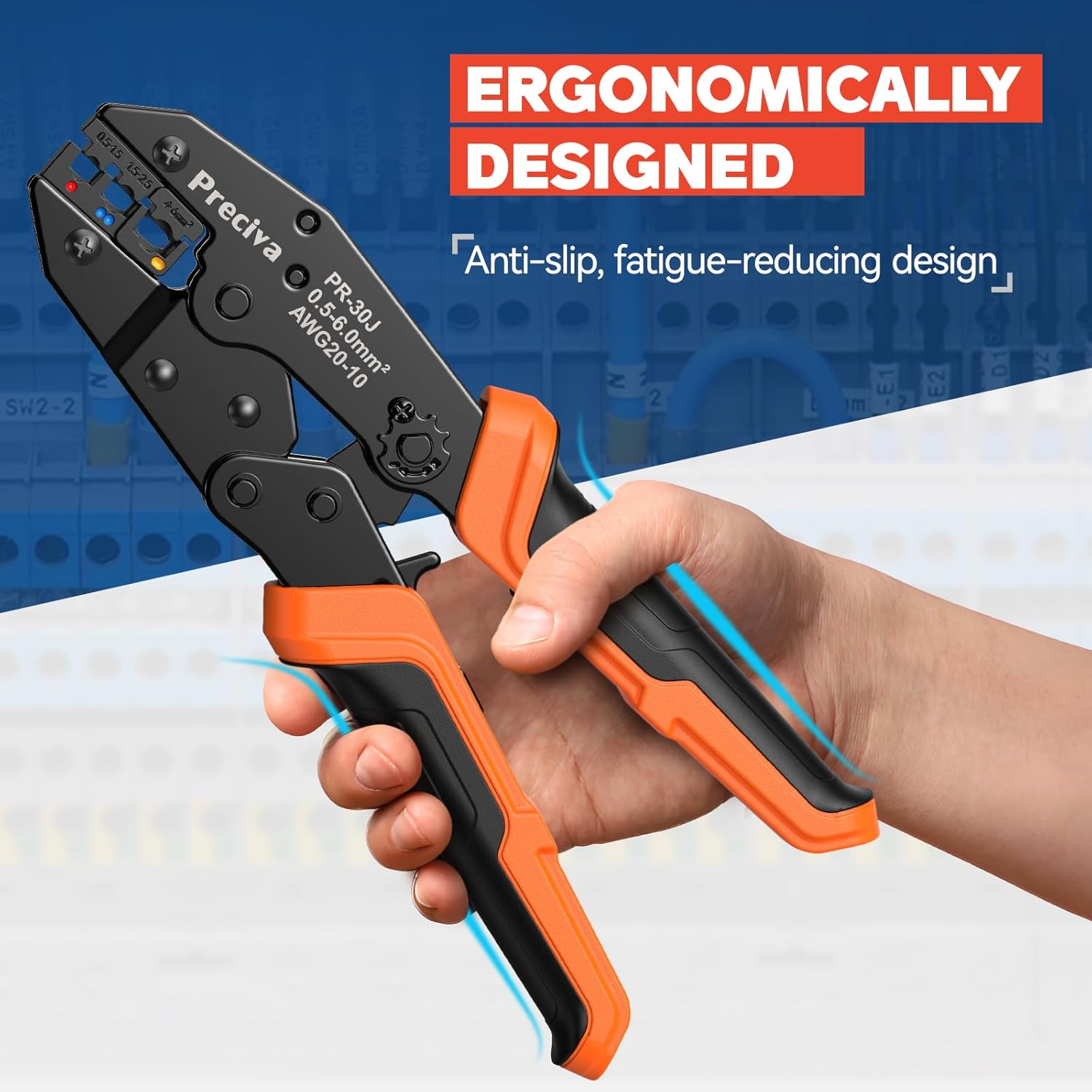Detalle de Ratchet Crimping Plier Preciva insulated wire terminal crimp tool for AWG 20–10 up to 6mm²