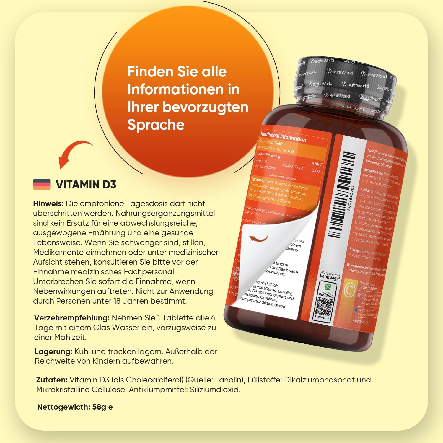 Detalle 2 de WeightWorld Vitamin D3 400 Tabletten đź’Š