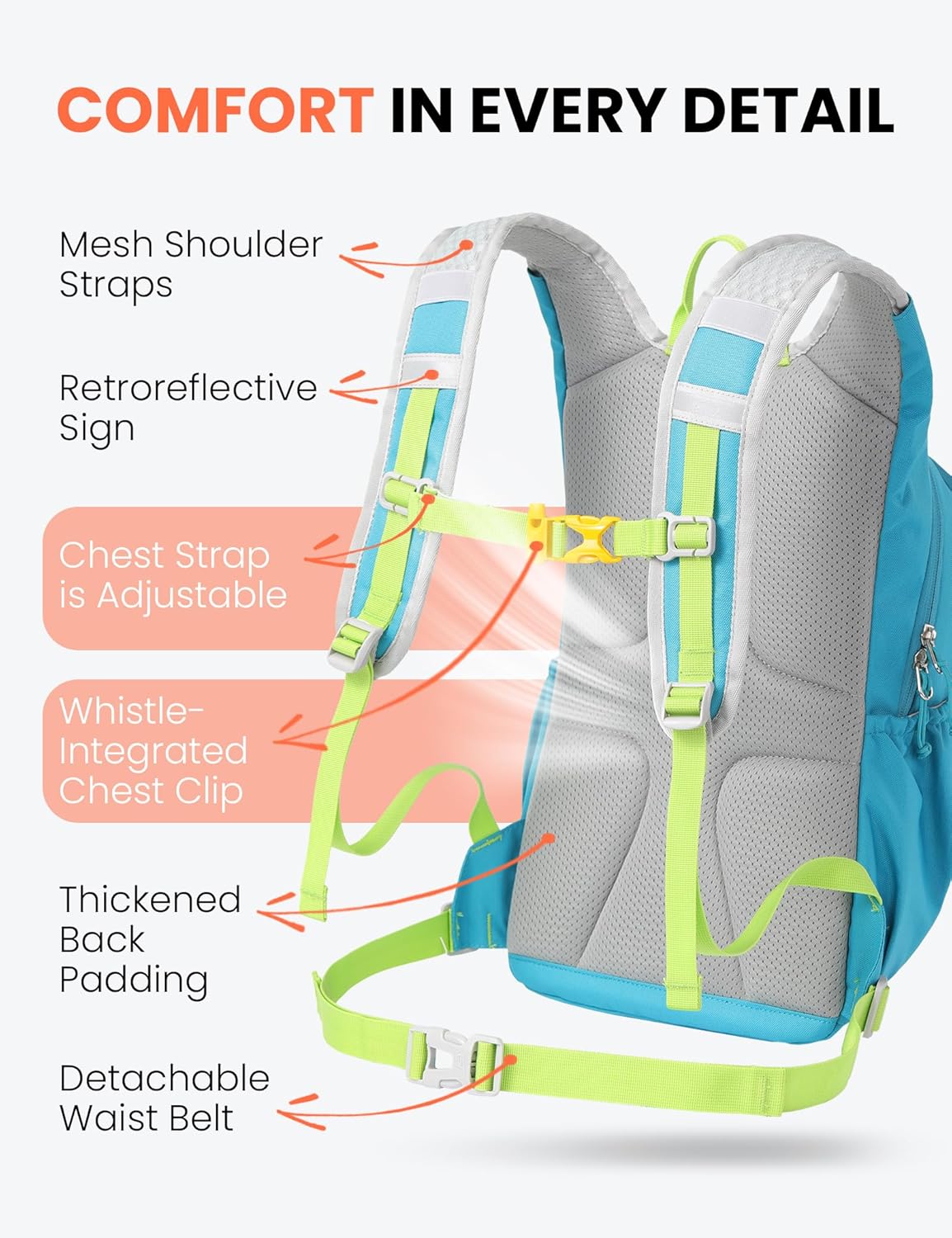 Detalle de SKYSPER Kinderrucksack 15L – leichter Wanderrucksack für Kinder (ab ca. 7–14 Jahre) mit Hydrationsfach & Sicherheits-Pfeife