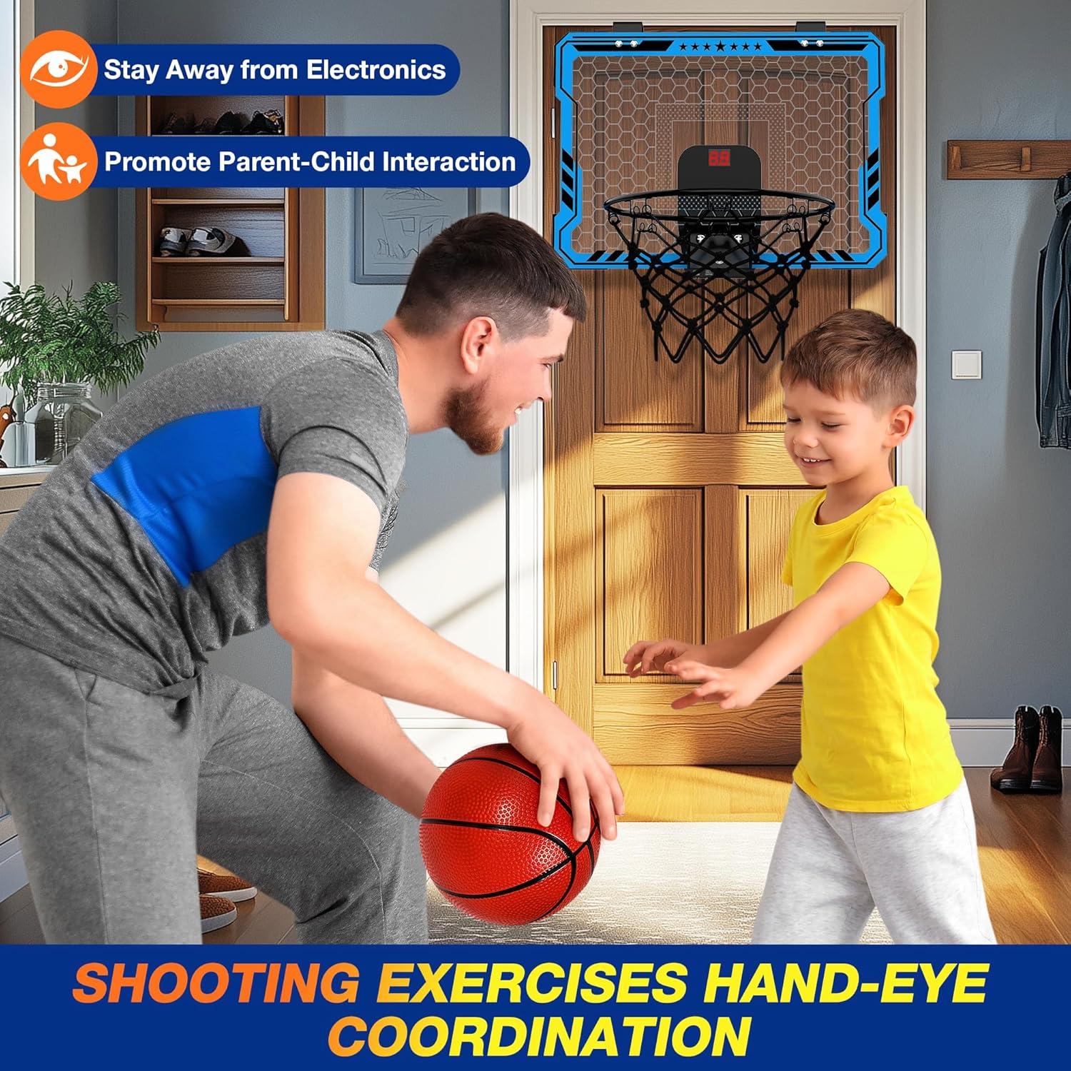 Detalle 1 de Ropoda Indoor Basketball Hoop with 7 LED Lights, Remote Scoring & 4-Ball Play (Mini Door Hoop)
