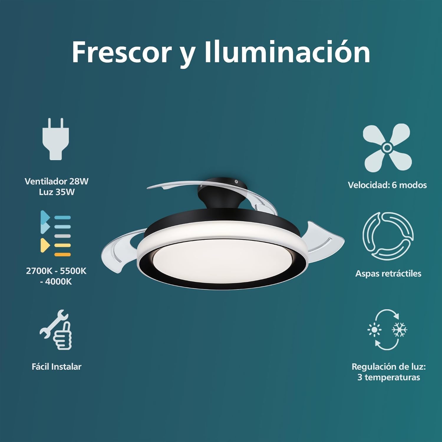 Detalle 2 de Philips Ventilador de Techo Bliss LED, motor DC, color Negro 🌬