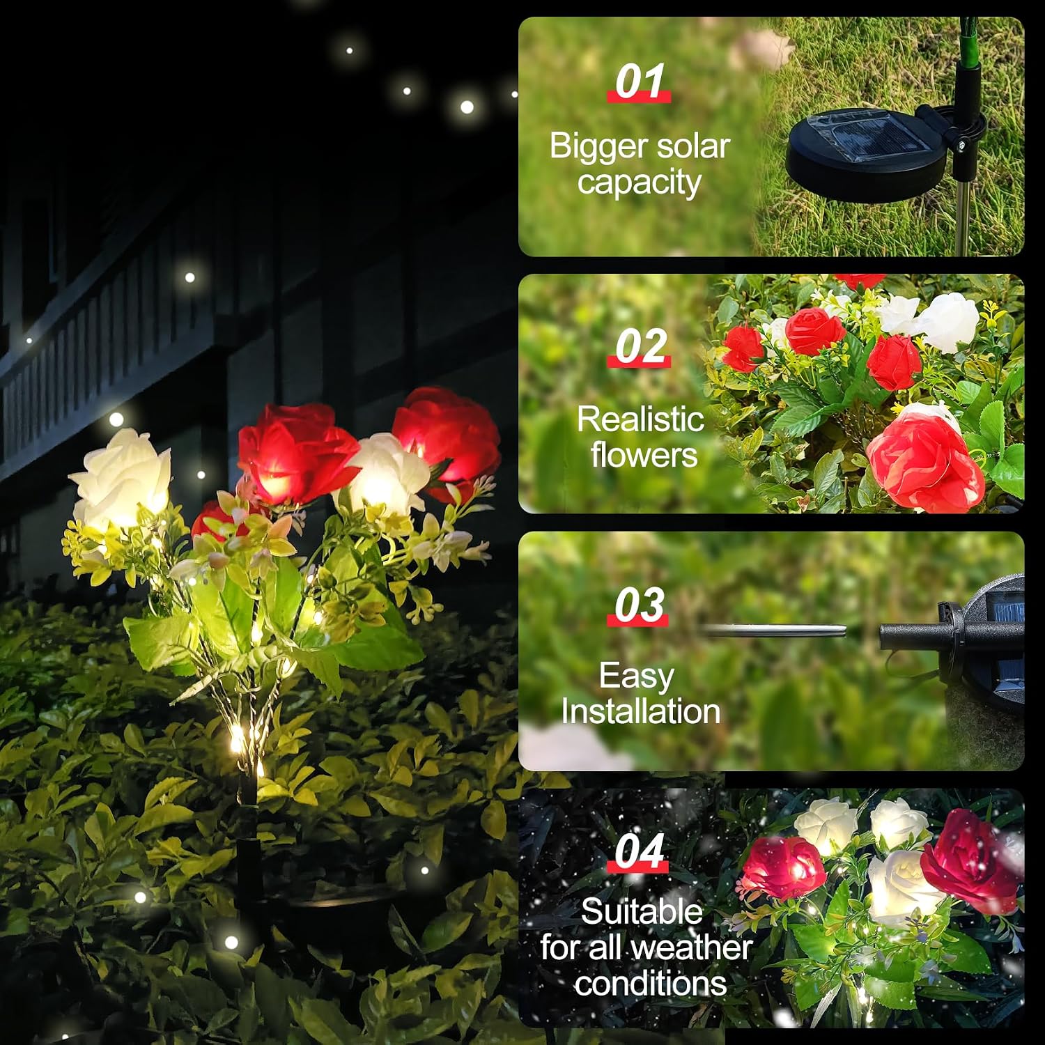 Detalle de 2 Pack Rose Solar Flower Outdoor Lights for Garden — IP65 Waterproof, Rose Petal Design (Red)