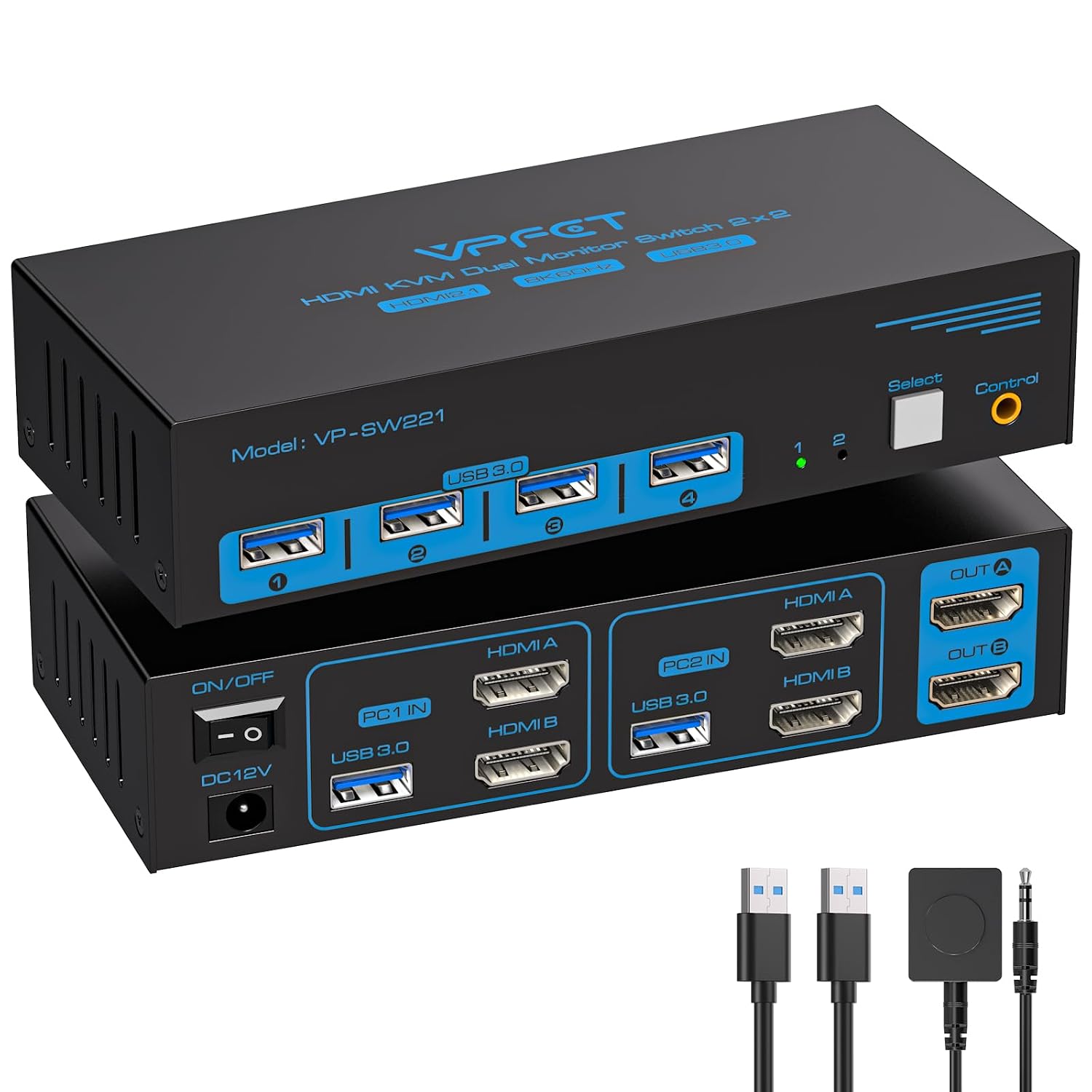 Detalle de VPFET Dual-Monitor HDMI KVM Switch, 8K@60Hz, 4K@120Hz, 4 USB 3.0 Ports