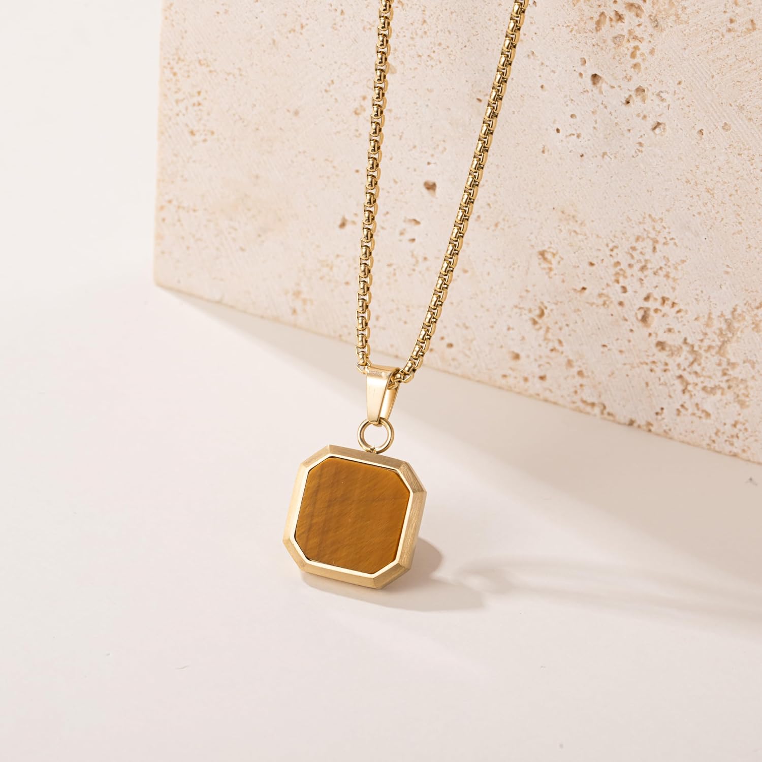 Detalle de TUNGSTORY Edelstahl vergoldete Halskette mit schwarzem Onyx – 45 + 6 cm, Unisex mit Anhängern