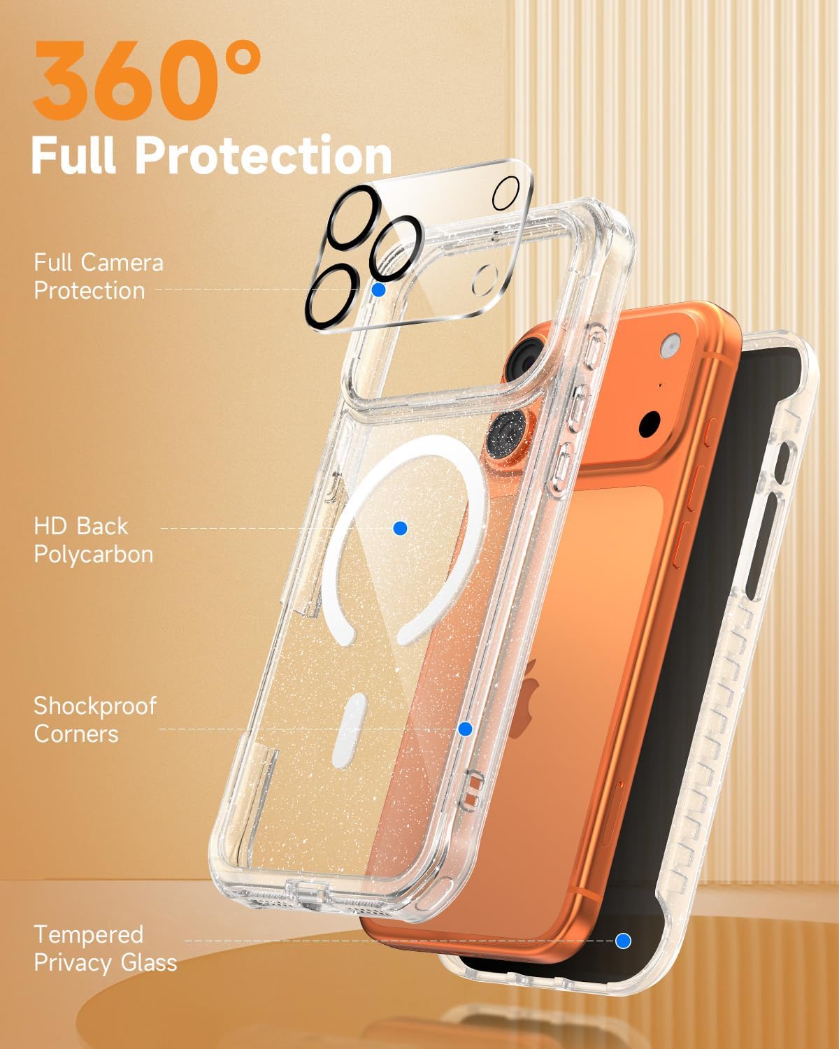 Thumbnail 2 de seacosmo Magnetic iPhone 17 Pro Max Privacy Case with Built‑in Privacy Screen Protector, MagSafe Compatible, Glitter Clear Back