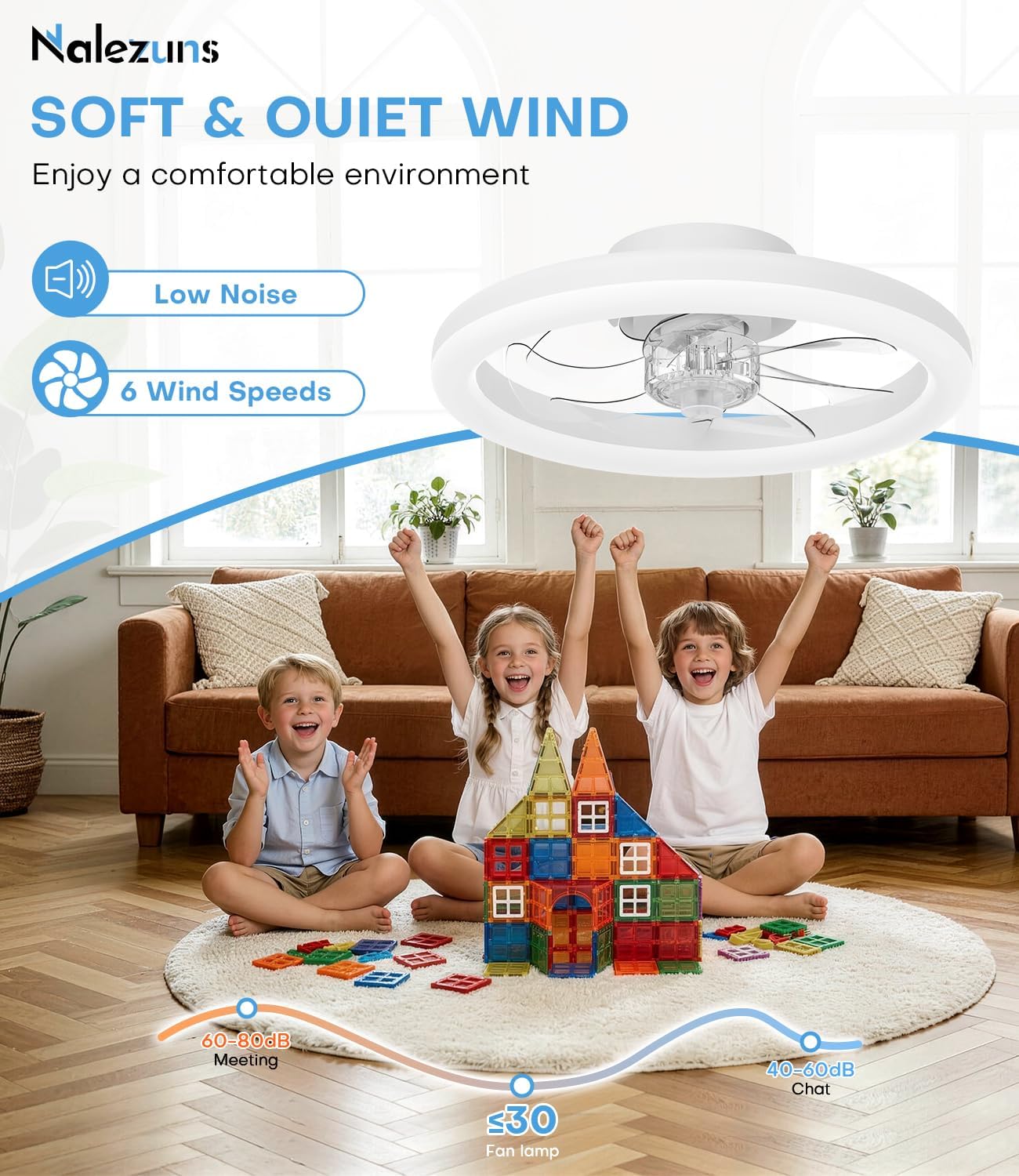 Thumbnail 6 de Nalezuns Deckenventilator mit Beleuchtung (40 cm) – LED dimmbar, App & Fernbedienung, 6 Geschwindigkeiten, Timer