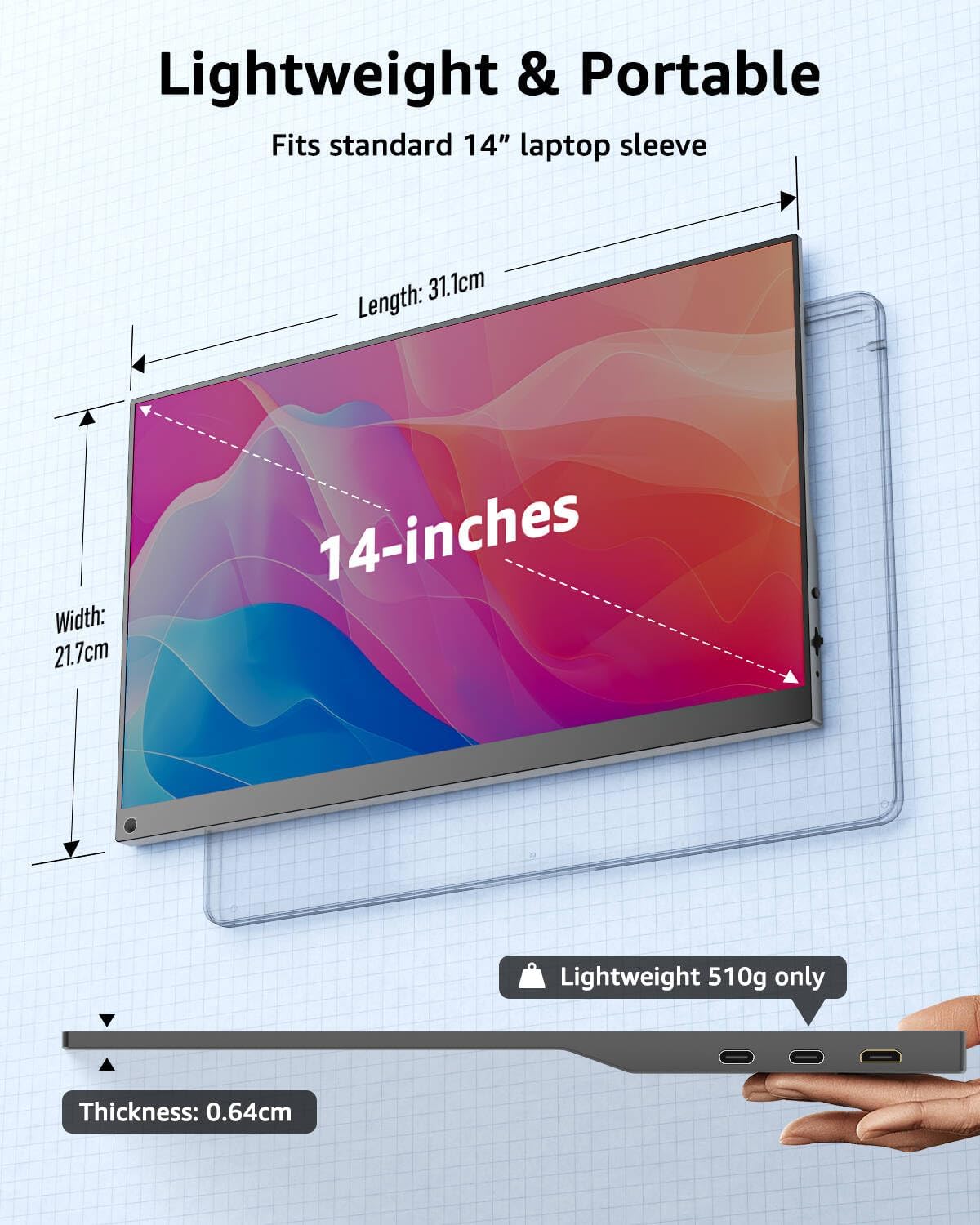 Thumbnail 1 de Yodoit Portabler Monitor 14" – Full HD 1920×1200, 100% sRGB, USB-C/HDMI, inklusive Schutzhülle und Lautsprecher