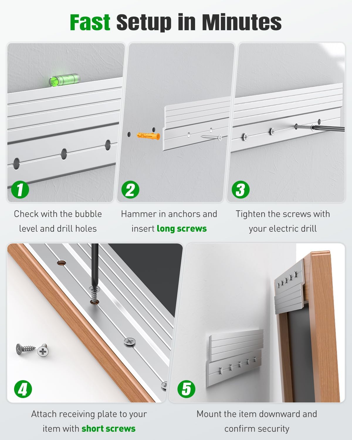 Thumbnail 3 de Uniclife 2 Pairs 30 cm French Cleat Hanger – 36 kg Load, Aluminium, with Bubble Level