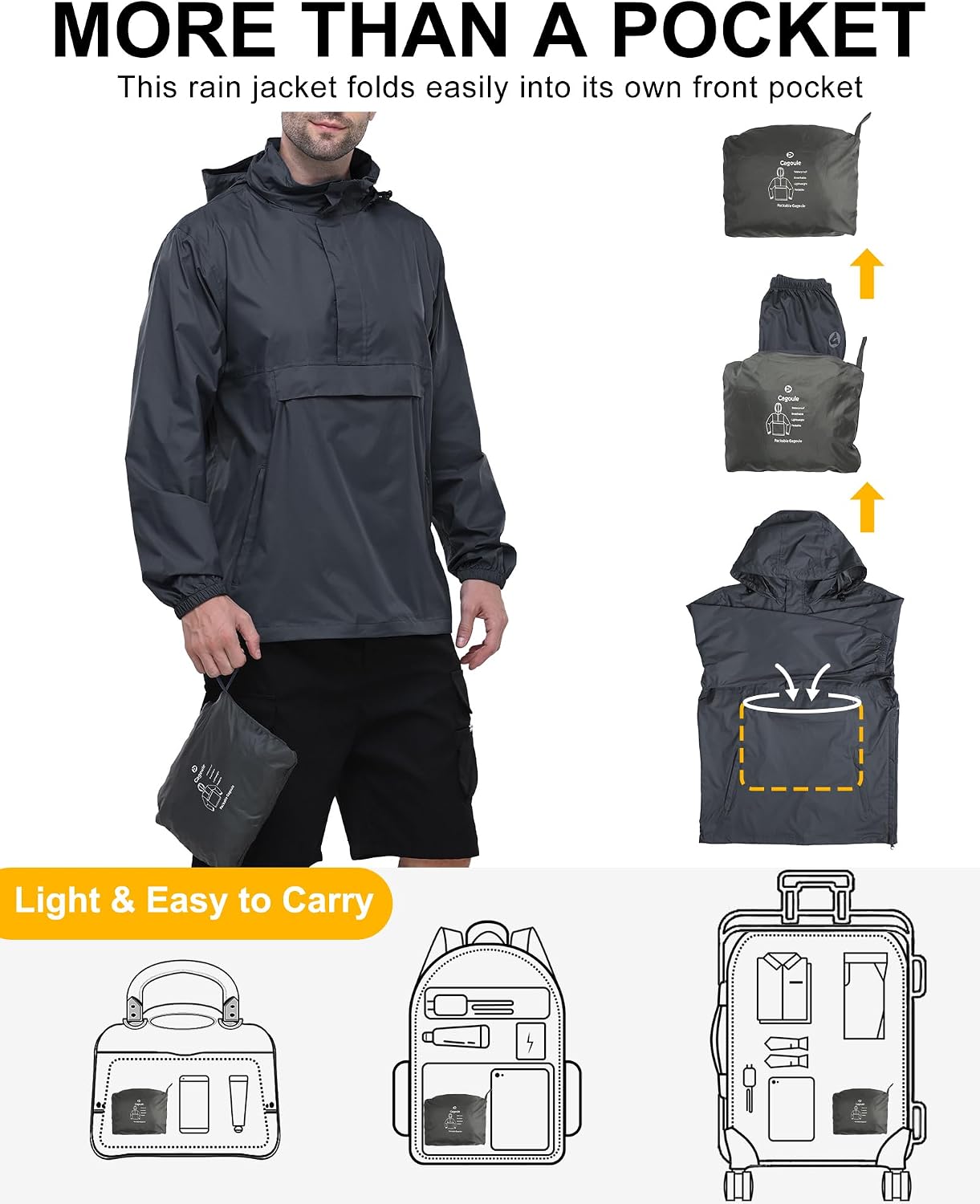 Detalle de Outdoor Ventures Men's Waterproof Rain Jacket Packable Hooded Pullover