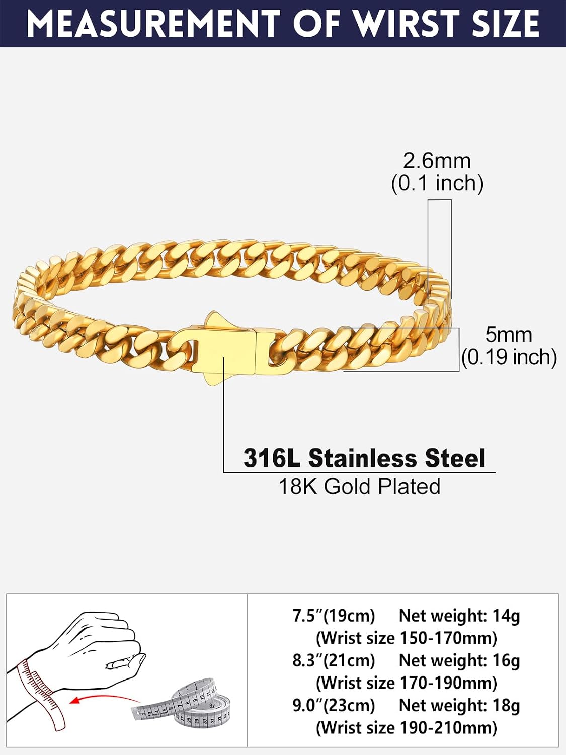 Detalle de Bandmax Bracelet Homme Acier Inoxydable – Style Cuban Miami en Versions Argent/Noir/Or, Longueur 19–23 cm