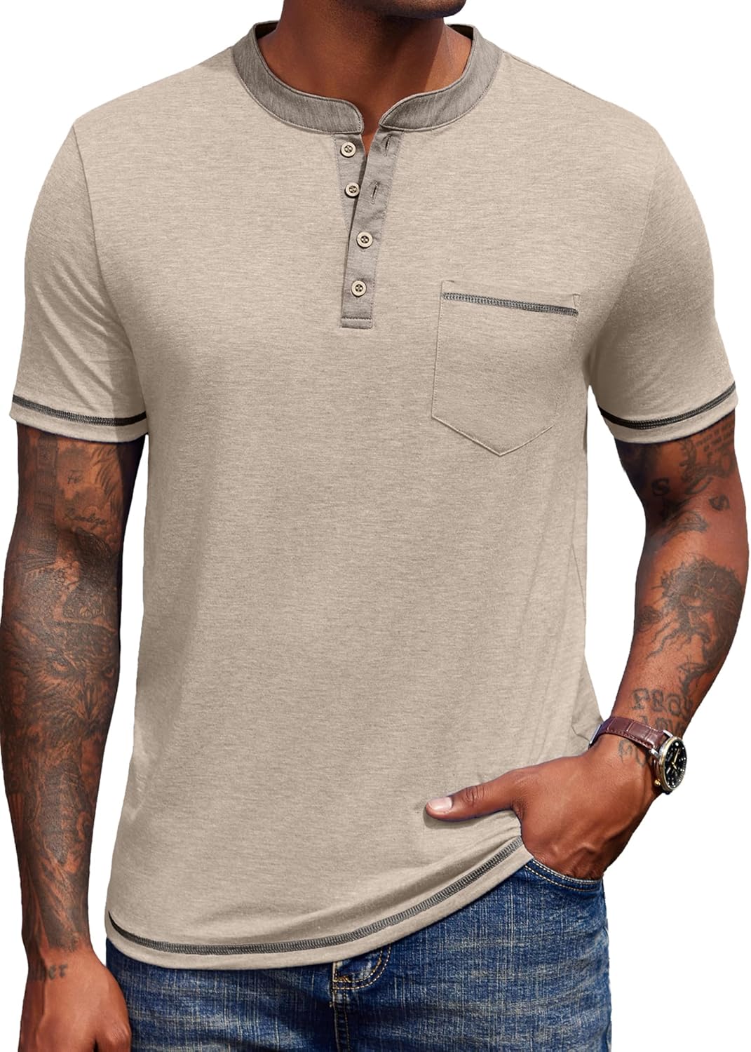 Thumbnail 6 de COOFANDY Henley Shirt Herren Kurzarm – Sommer T-Shirt mit Tasche, V-Ausschnitt
