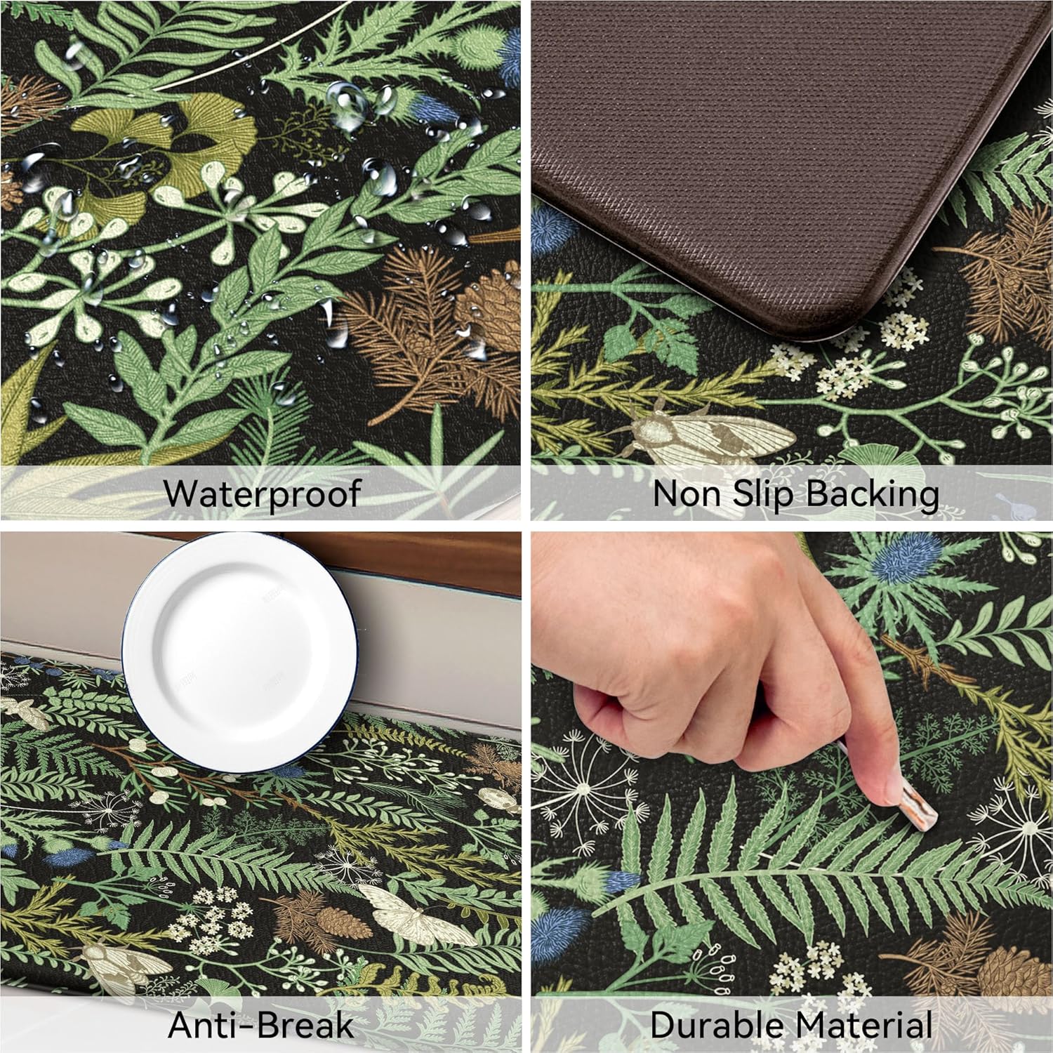 Detalle de Black Green Botanical Kitchen Rugs Set of 2