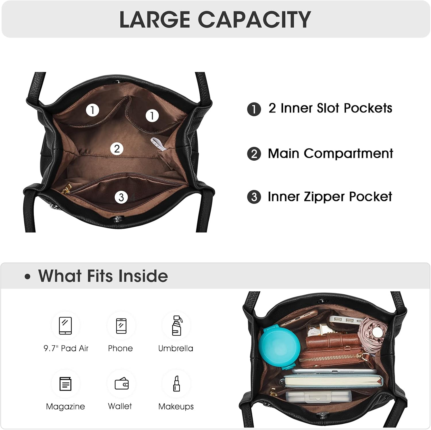 Detalle 2 de Kattee Sac à Bandoulière en Cuir Véritable Souple pour Femme – Fermeture Magnétique