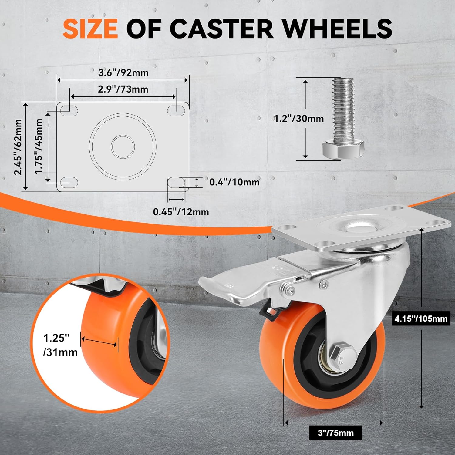 Thumbnail 1 de W B D WEIBIDA 75mm Ruote per Mobili Pesanti – Set di 4 con 450 kg di Capacità e Freni a 360°