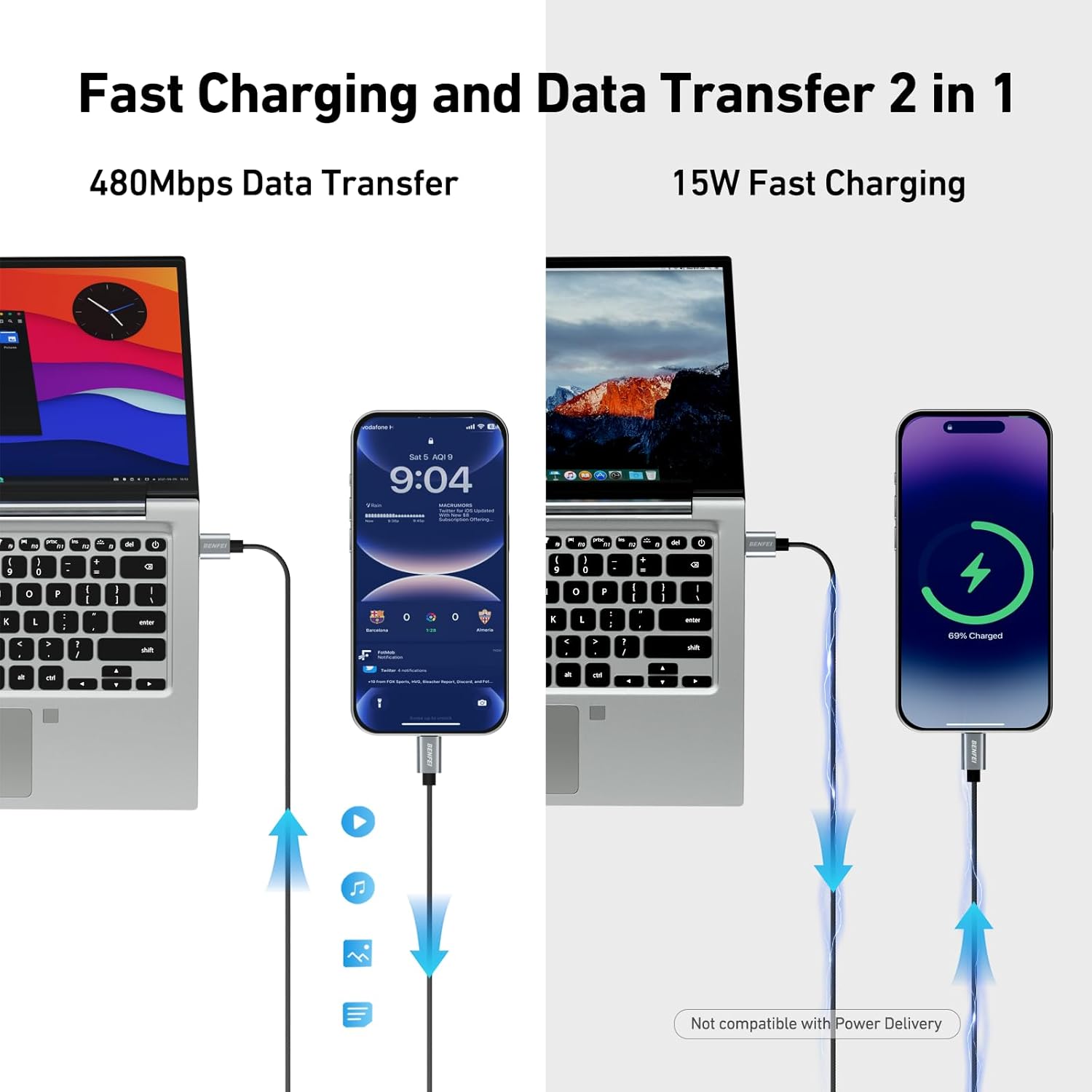 Detalle de BENFEI Silikon USB-C auf USB-A Kabel – 3 A, 2 m, gewebter Braun-/Aluminiummantel, 15 W Ladung