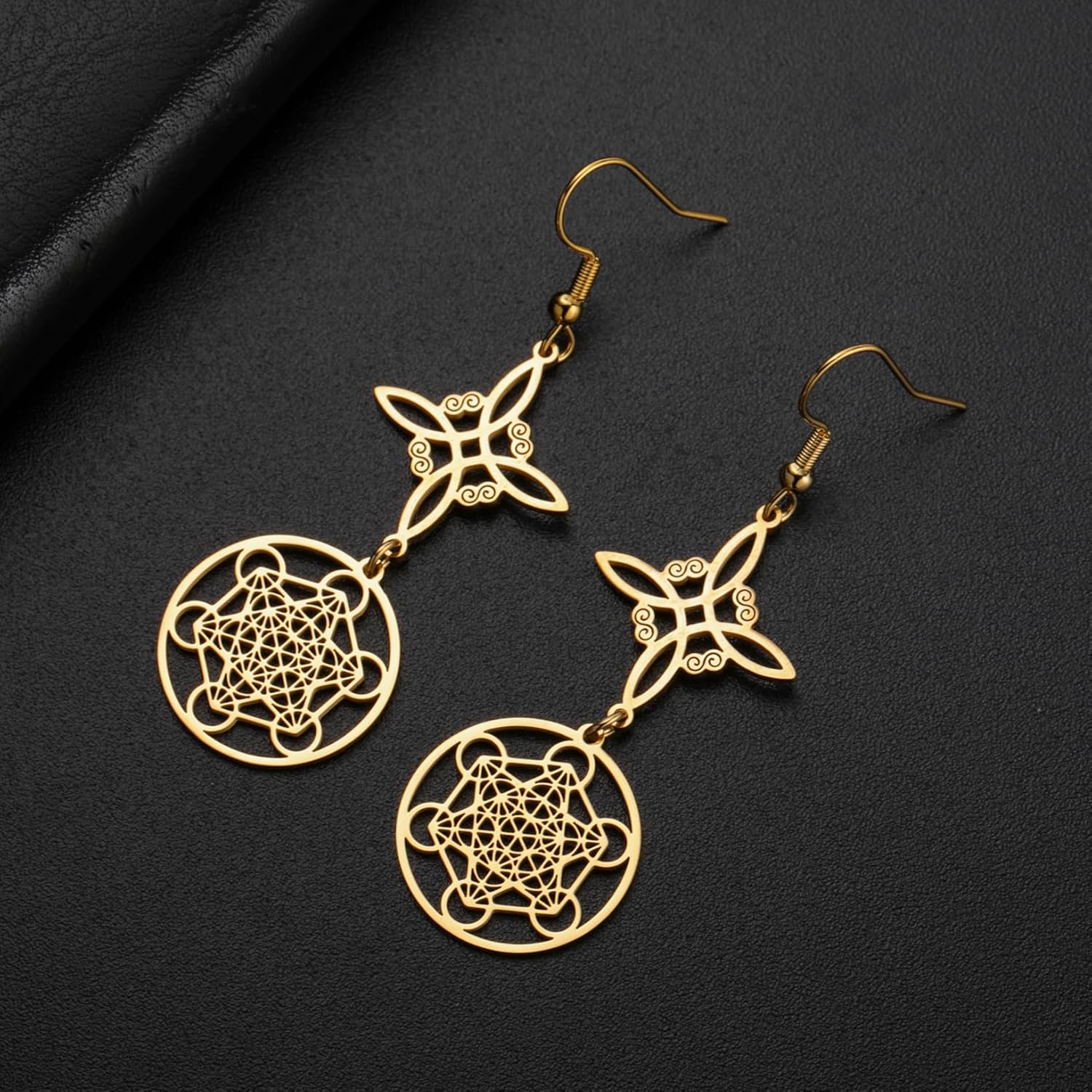 Thumbnail 4 de Metatron-Würfel Hexen-Knoten-Ohrringe – Keltische Dreifaltigkeit, Heilige Geometrie und Schutzzauber