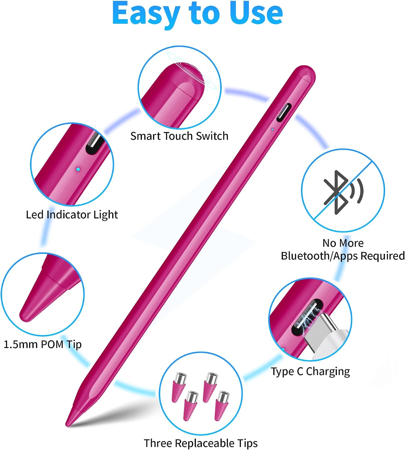 Detalle 2 de DRYMOKINI Stylus Pen (Active Stylus, USB‑C Rechargeable) for iPad/iPhone & Android Touch Screens, 1.5 mm Tip, Baby Pink