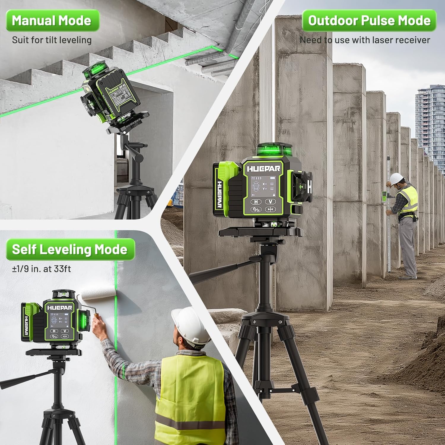 Detalle de Huepar W04CG 4D 4x360° Green Laser Level with Receiver (up to 400 ft)