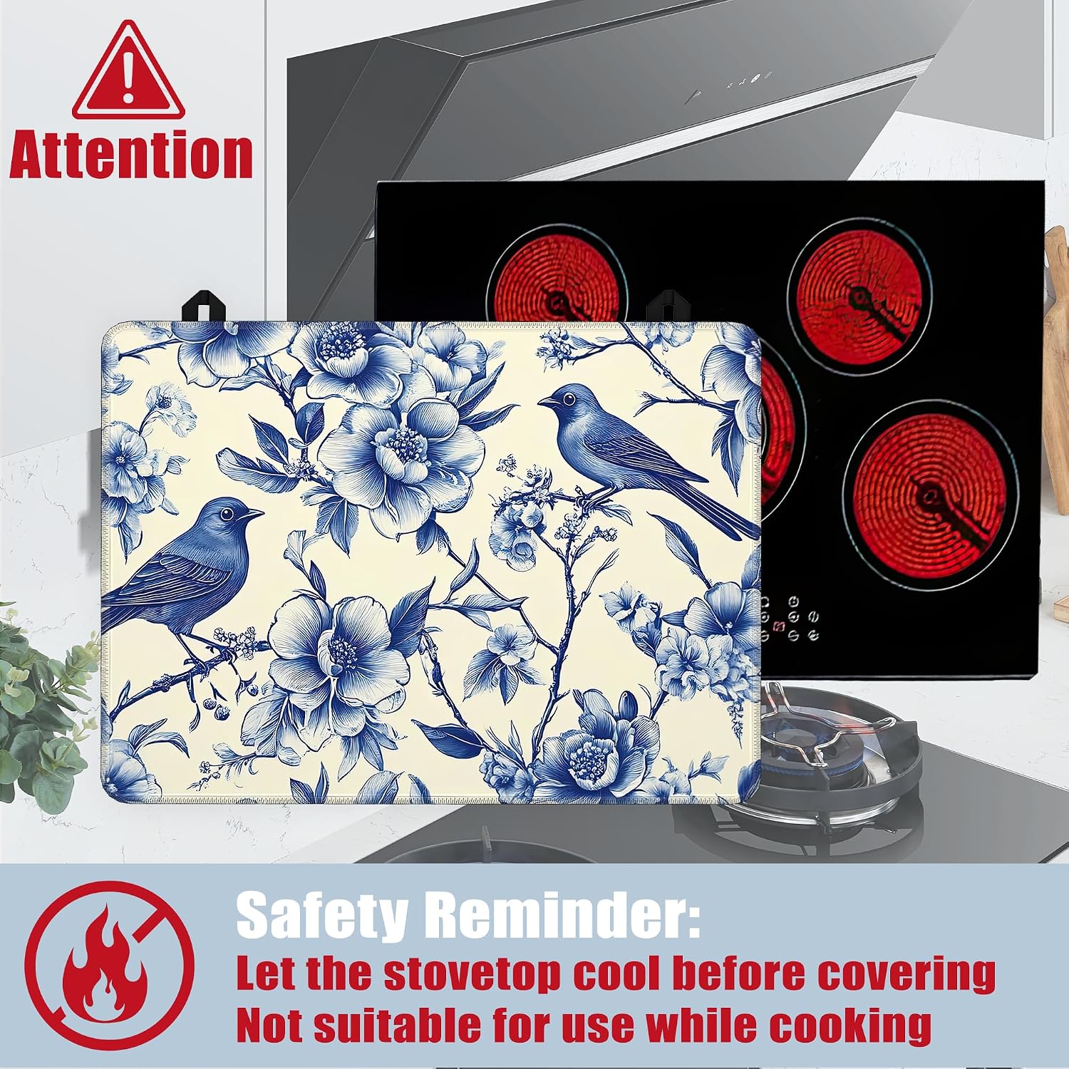 Detalle de YIKTI Blue Bird Stove Top Cover, 28 x 20-Inch Heat-Resistant Rubber Mat