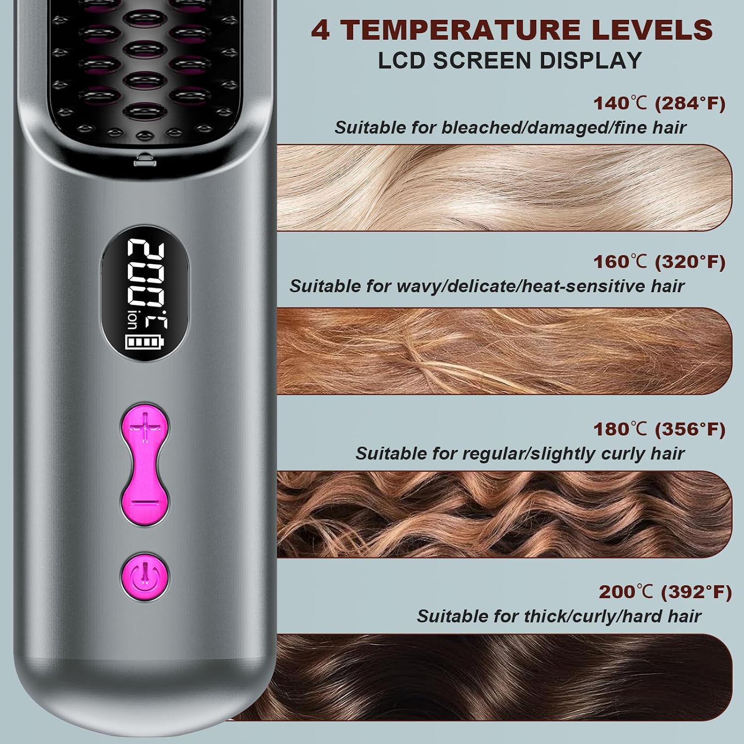 Detalle 2 de Spazzola Lisciante per Capelli 9600mAh, senza fili, 4 livelli di temperatura e design da viaggio