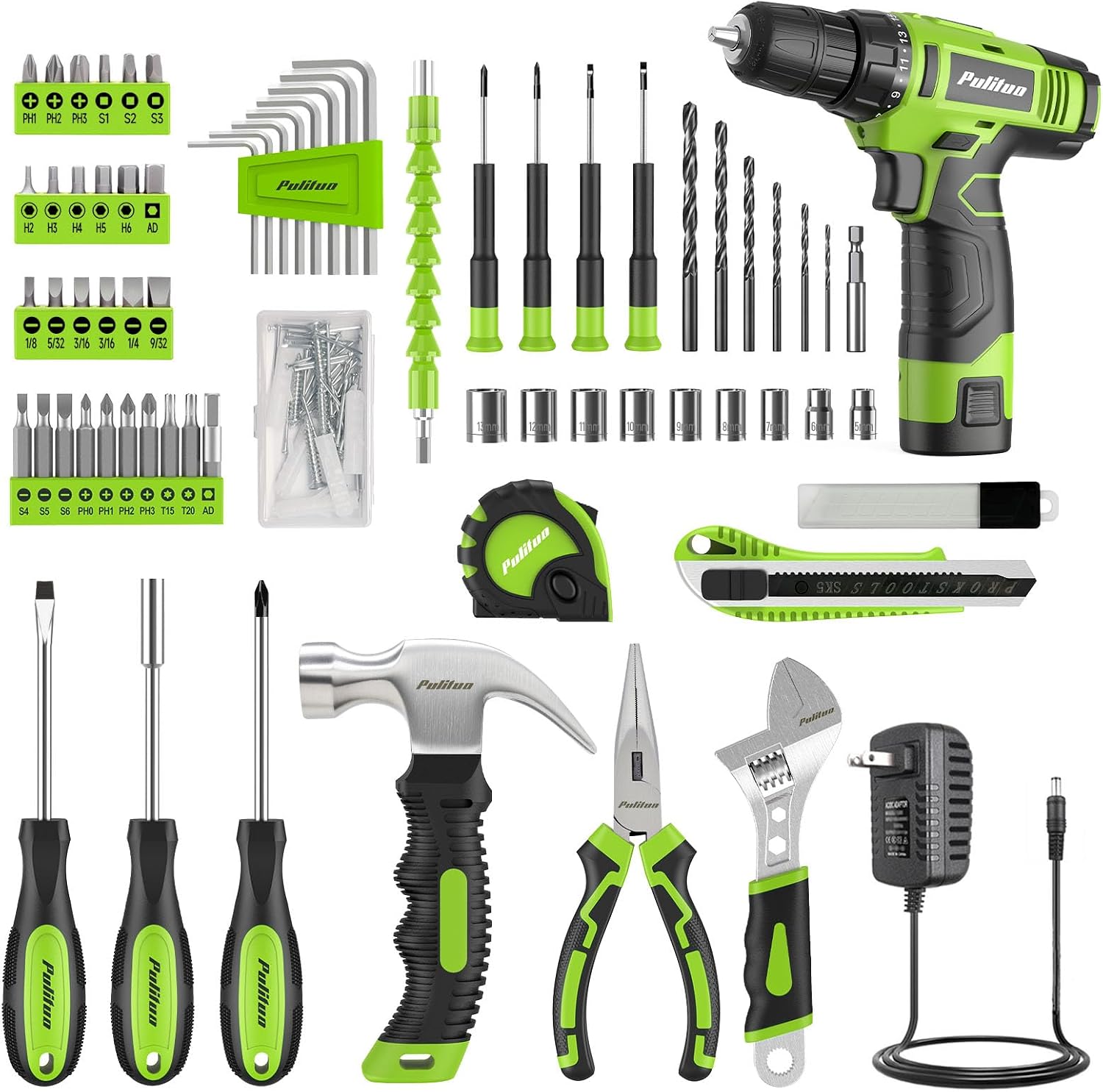 Detalle de PULITUO 7212Set-Green 149-Piece Tool Set with 12V Cordless Drill