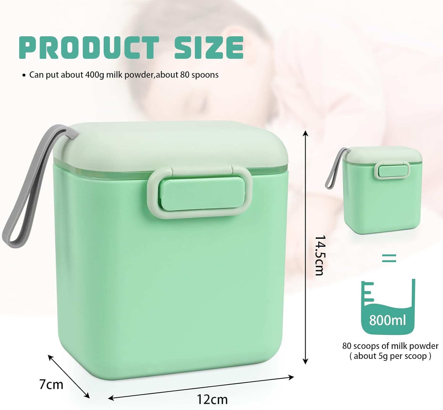 Detalle de Aolso Milk Powder Dispenser 800ml pot with sealed silicone ring cover and 5g spoon (green)