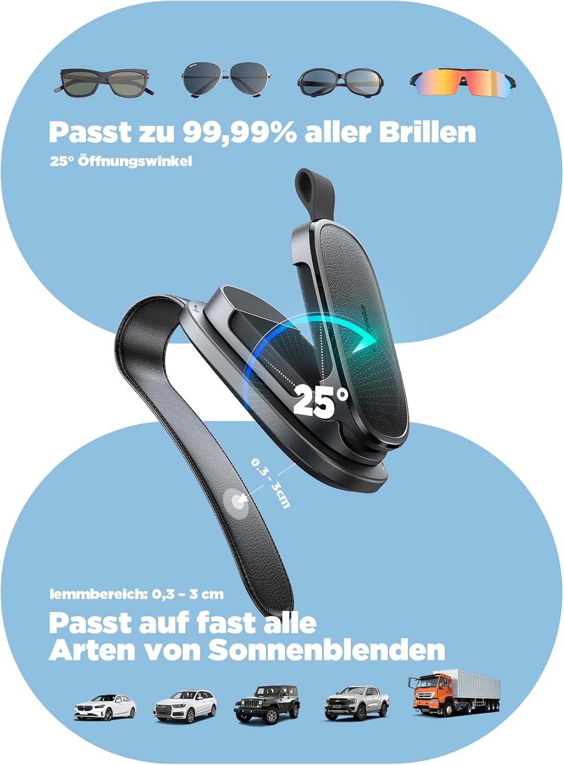 Detalle de Chfeila Brillenhalter für Auto – 2026 Upgrade mit 360° Drehung, Magnetverschluss und universalem Lederclip