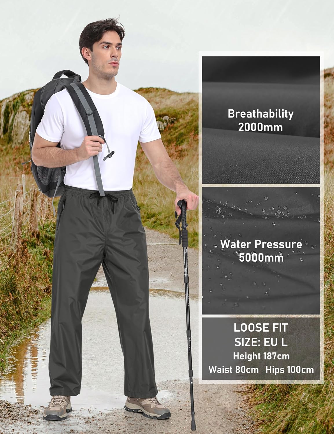 Detalle de Pantalon de pluie homme MoFiz léger imperméable et respirant, coupe-vent pliable avec poches zippées