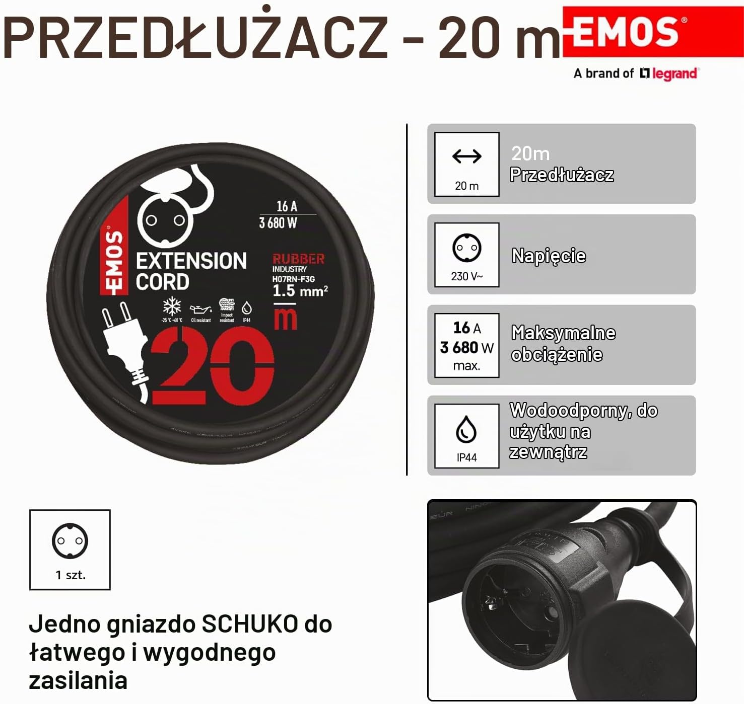 Detalle de EMOS P01820 – przedłużacz zewnętrzny 20 m, IP44, 1 gniazdo Schuko