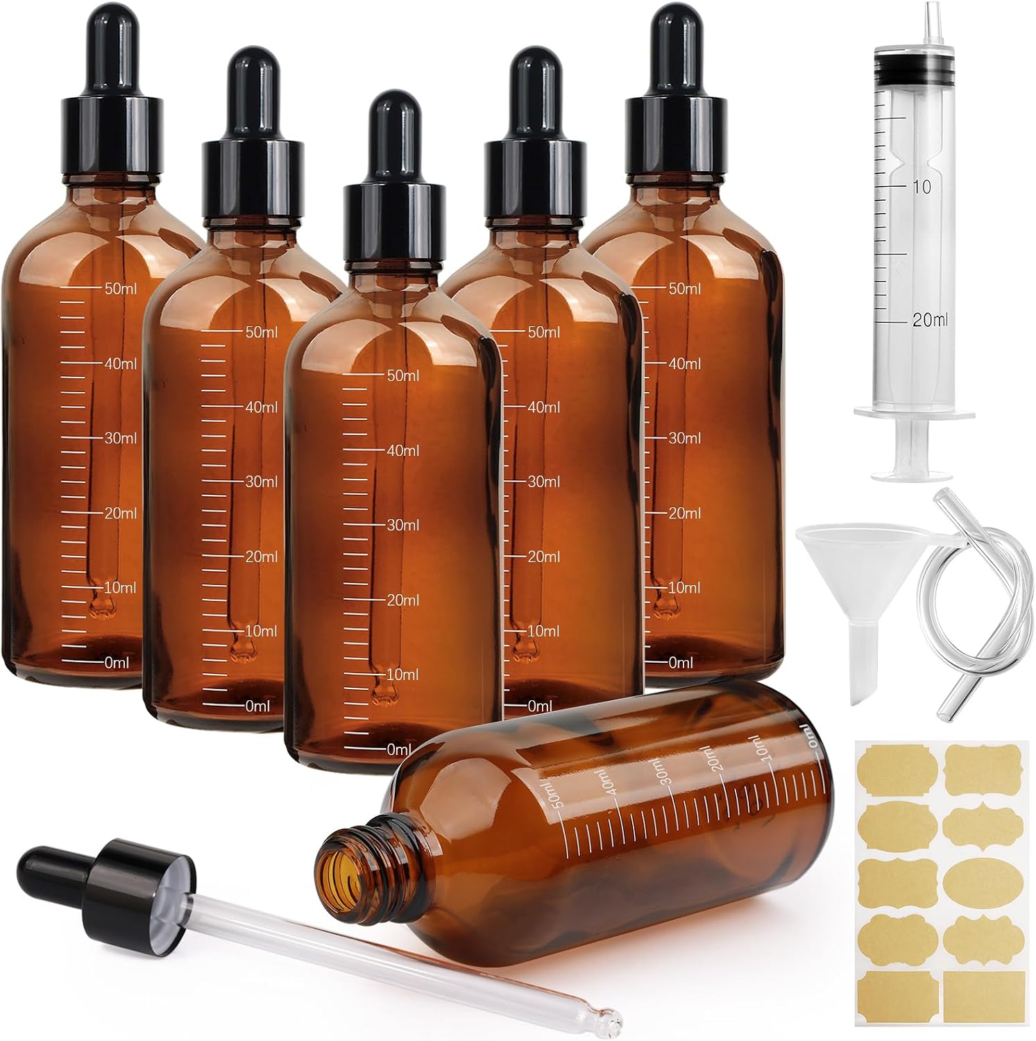 Detalle de Nadisean 6Pcs Amber Glass Dropper Bottles 50ml – Precise,UV‑protected Refillable Set