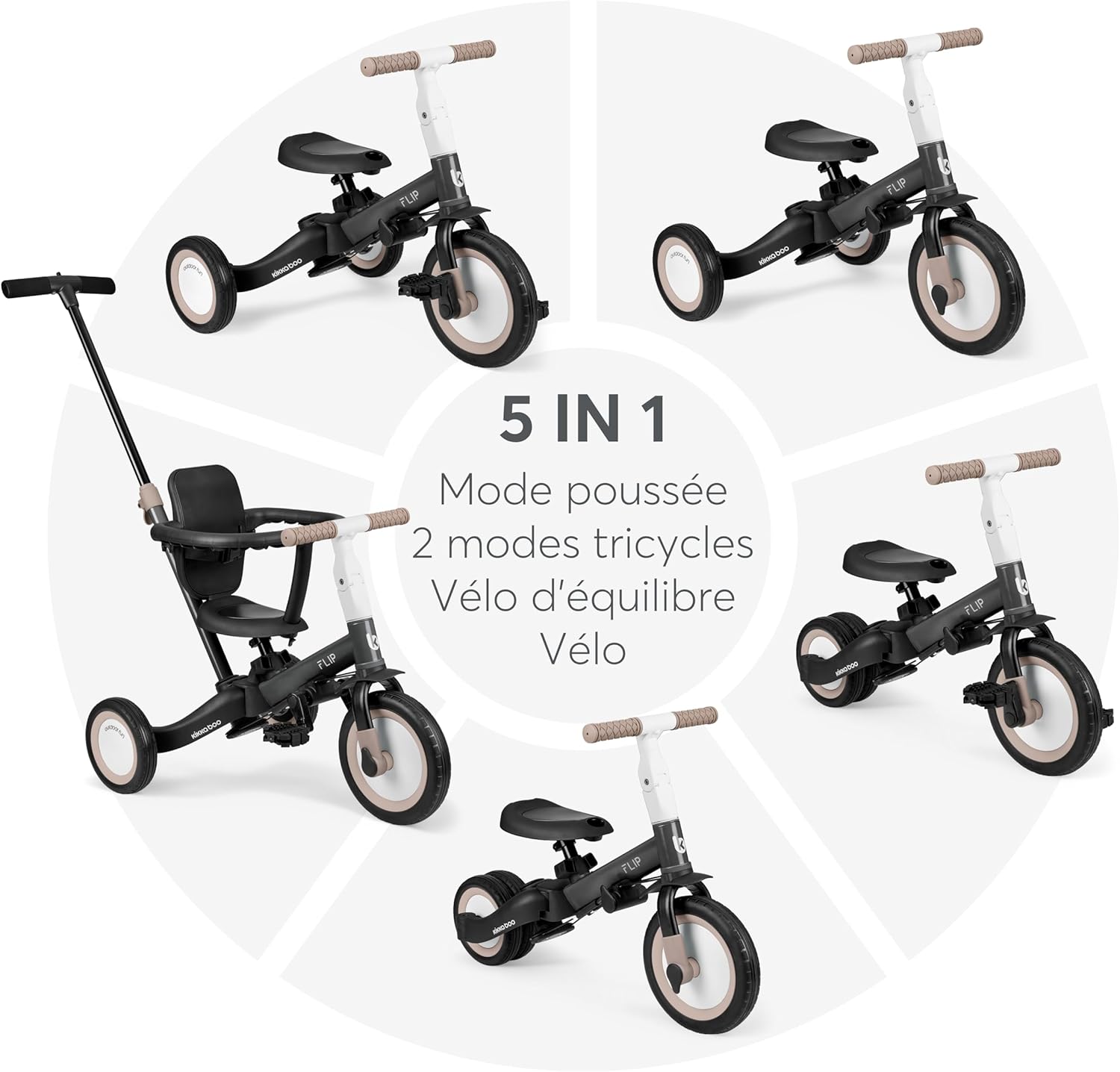 Detalle de KikkaBoo Tricycle Bébé Évolutif 5 en 1 Flip — Vélo enfant 1 à 5 ans, version Noir