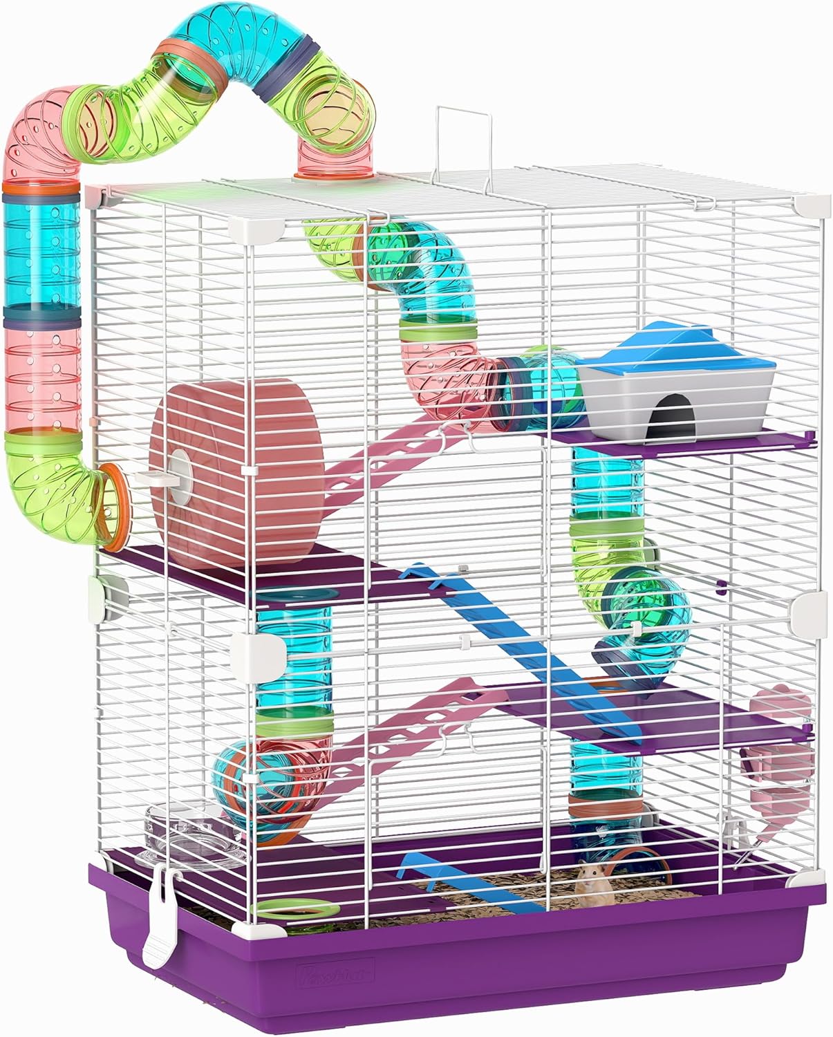 PawHut – Cage pour hamster rongeur 4 étages avec tunnels, mangeoire, roue et échelles (46L x 30 x 58H cm)