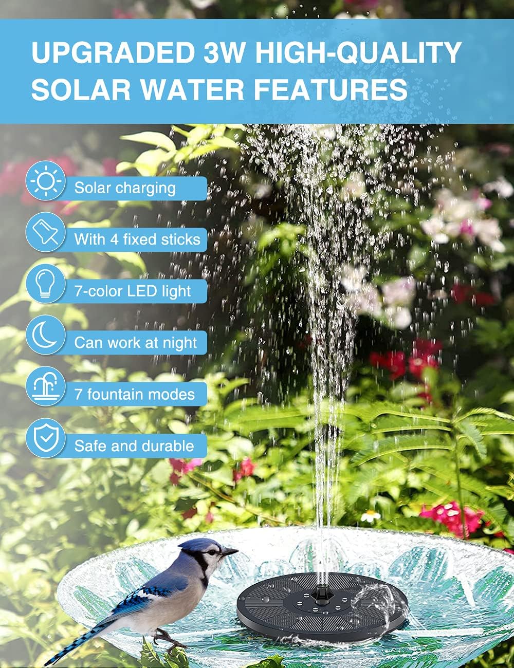 Thumbnail 1 de Solar Fountain for Bird Bath (3W) with LED Lights, 8 Nozzles and Anti-Collision Bars – Black