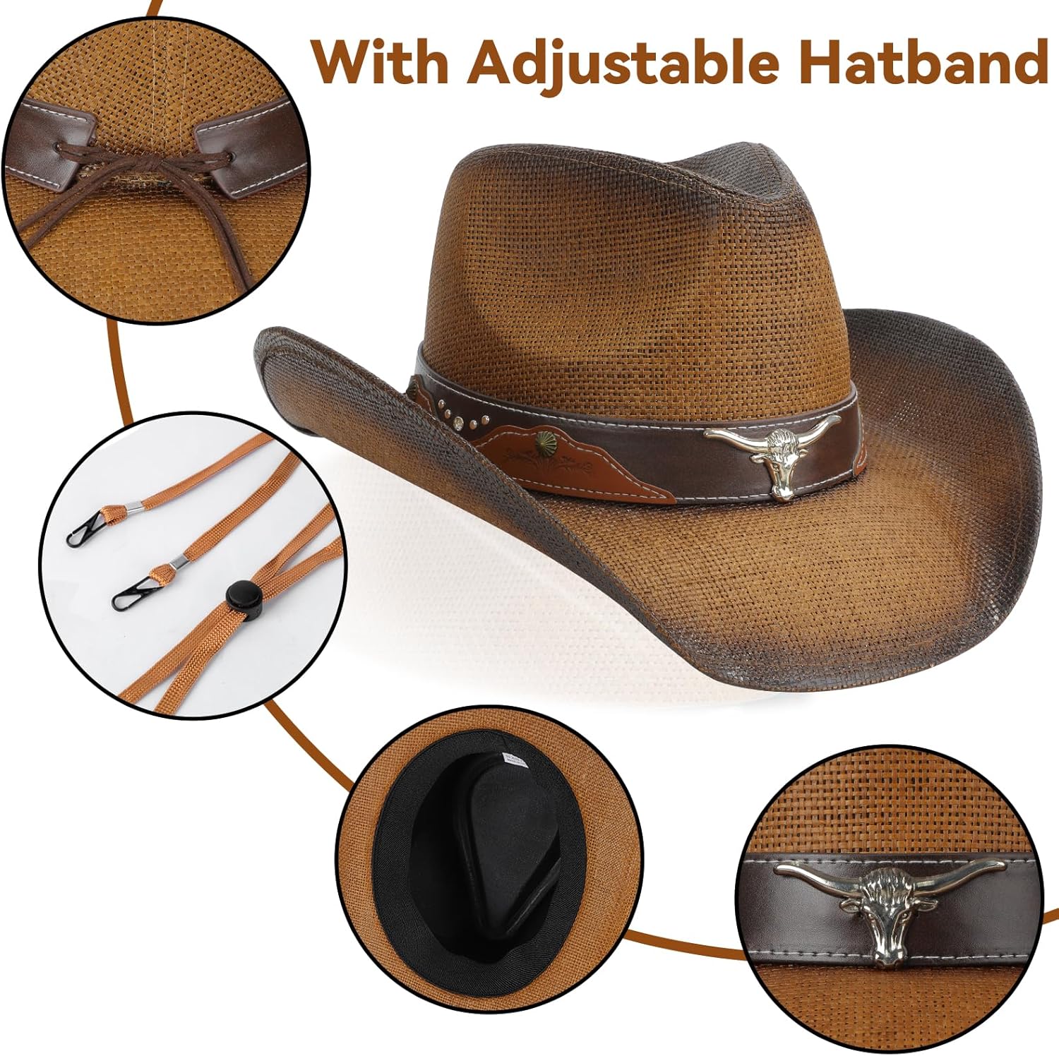 Detalle de WQWOVRVO Straw Cowboy Hat with Shapeable Wide Brim (Adjustable Band) for Men & Women