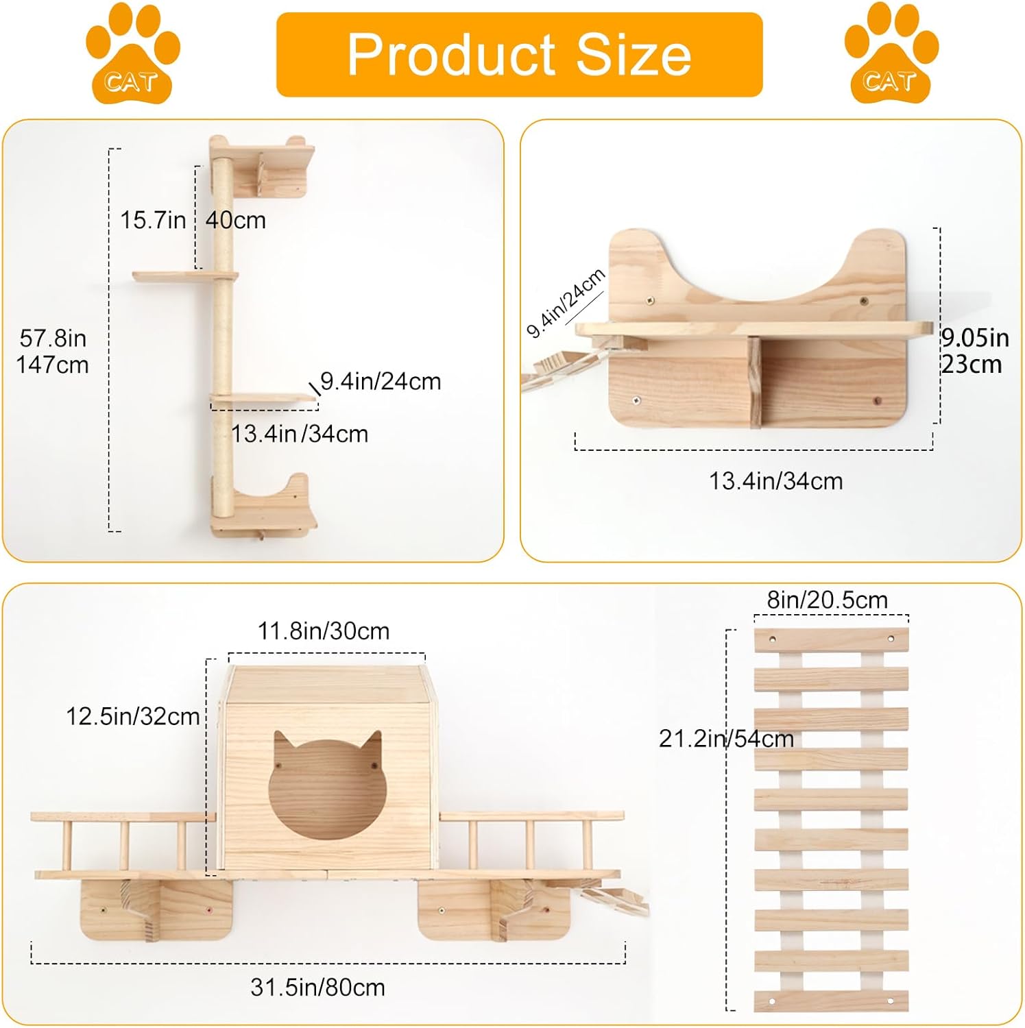 Detalle de Cat Wall Furniture for Indoor Cats: Wooden Climbing Set with House, Bridge, Scratching Posts and Steps
