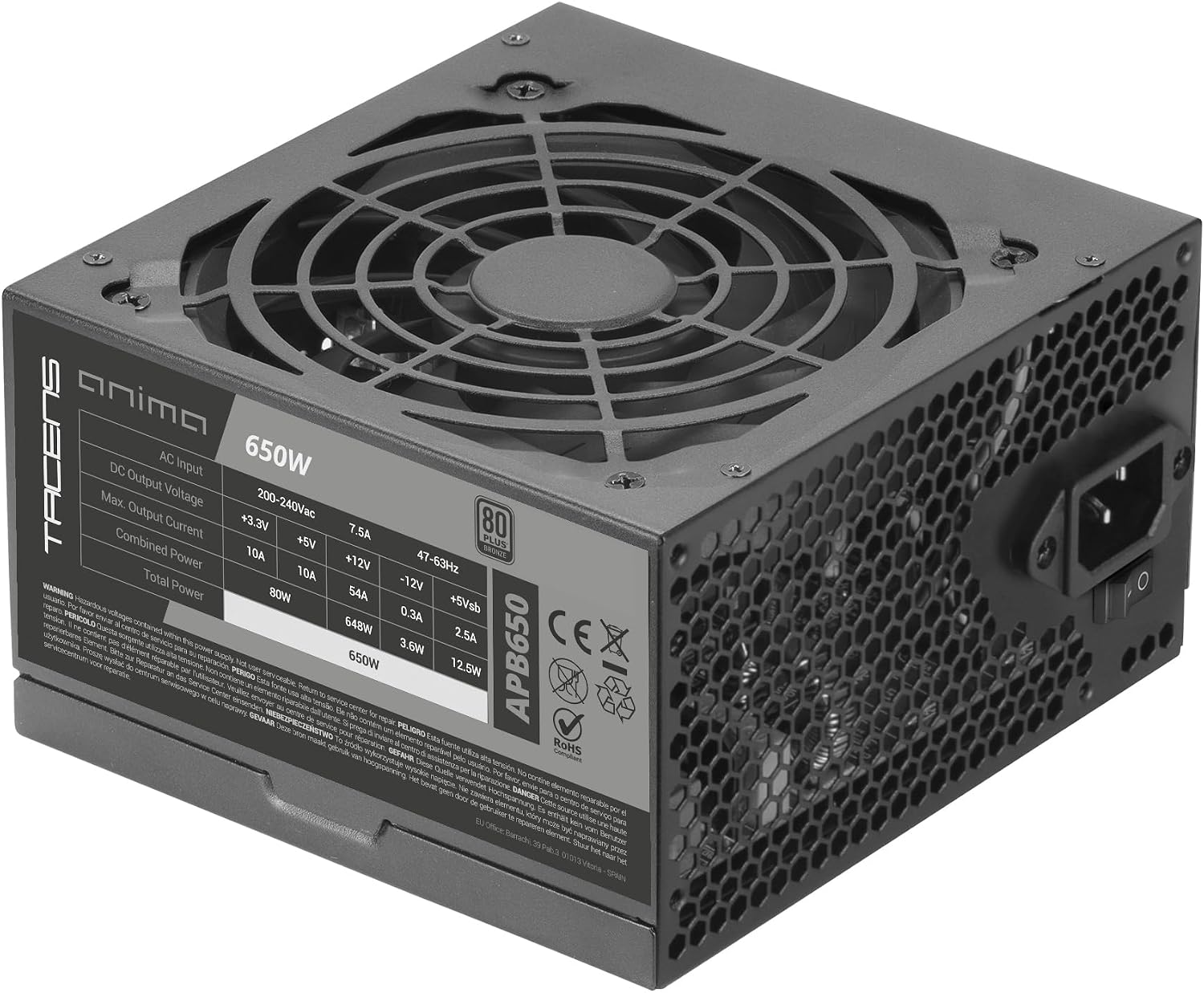 Detalle de Tacens Anima APB650 alimentatore ATX 650W 80 Plus Bronze con ventola 12 cm ultra-silenziosa e cavi piatti